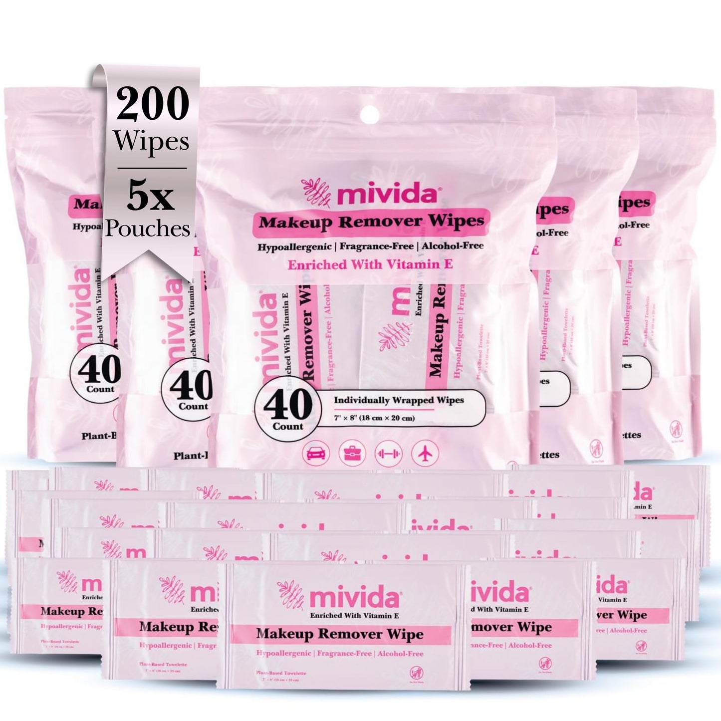 mivida Individually Wrapped Makeup Remover Wipes with Vitamin E | Hypoallergenic, Fragrance-Free, Alcohol-Free makeup wipes | Travel Essentials, Bulk make up wipes singles