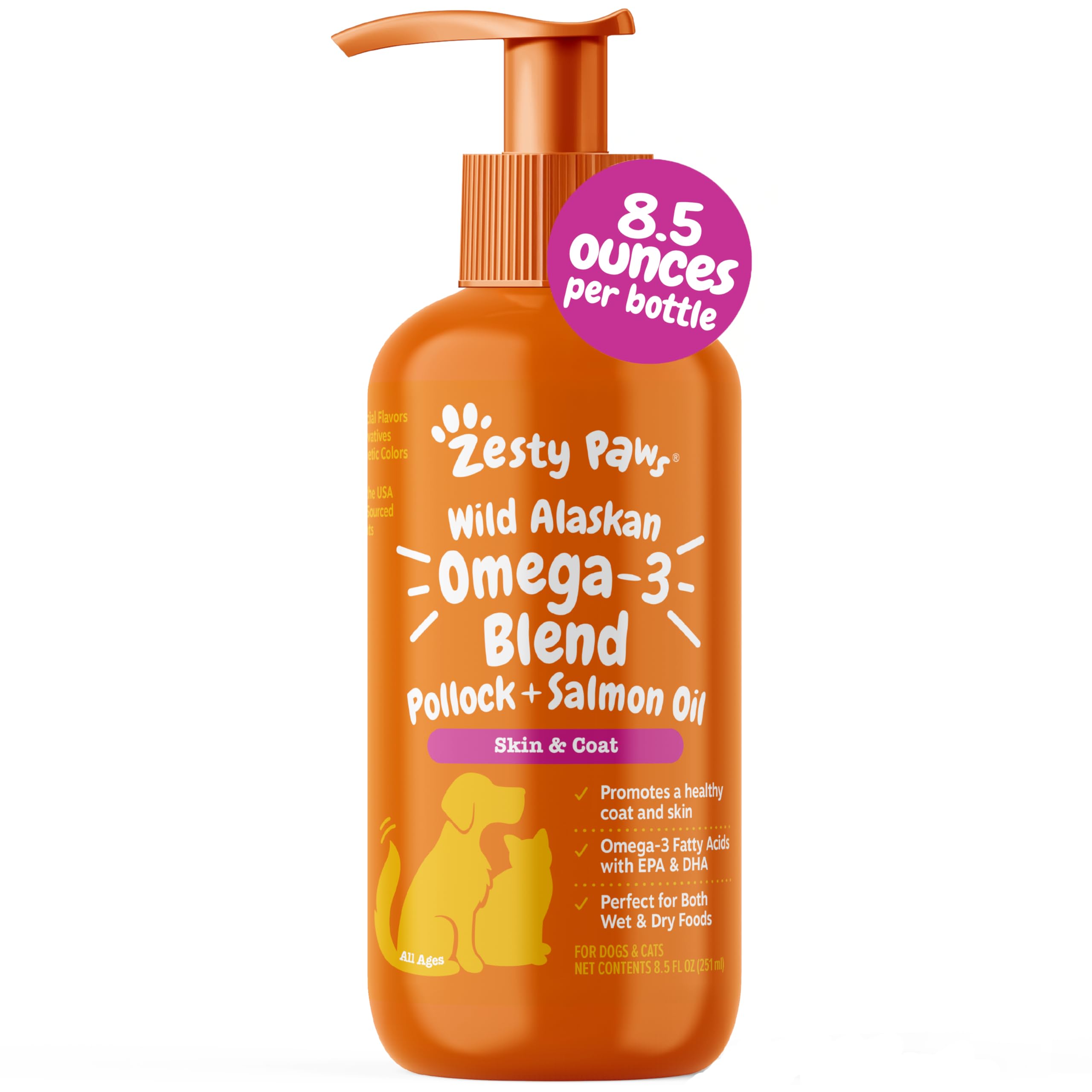 Zesty Paws Wild Alaskan Omega-3 Blend Pollock + Salmon Oil for Dogs and Cats- Skin and Coat Support, Omega 3 Supplement for Pets