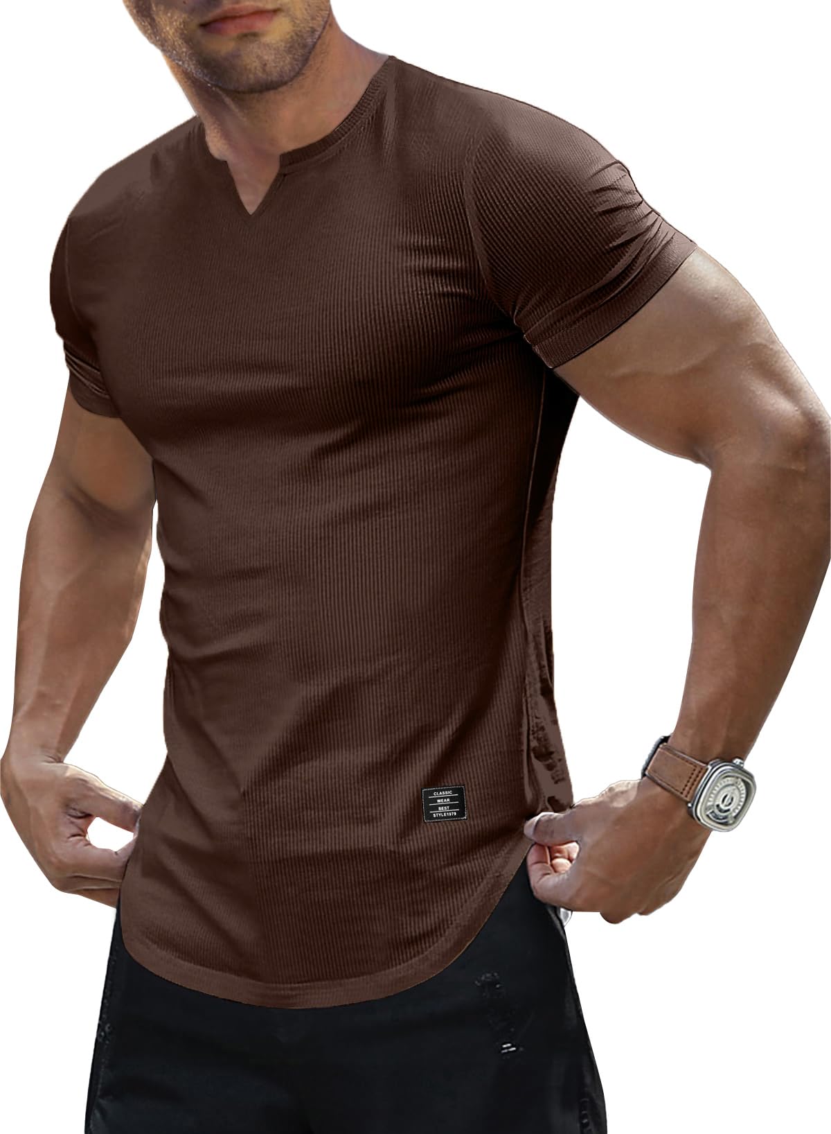 JMIERR Mens Muscle Slim T Shirts Texture V Neck Longline Henley Gym Workout Athletic Tee Shirt