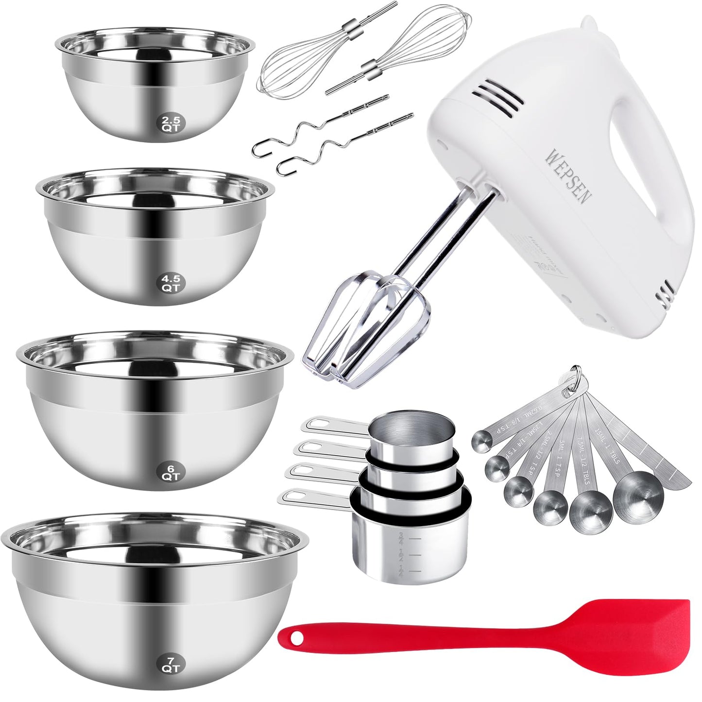 WEPSEN Electric Hand Mixer & Mixing Bowls with Airtight Lids, Handheld Mixers with Whisks Beater, Stainless Steel Metal Nesting Bowl Measuring Cups Spoons Kitchen Cake Blender for Prep Baking Supplies