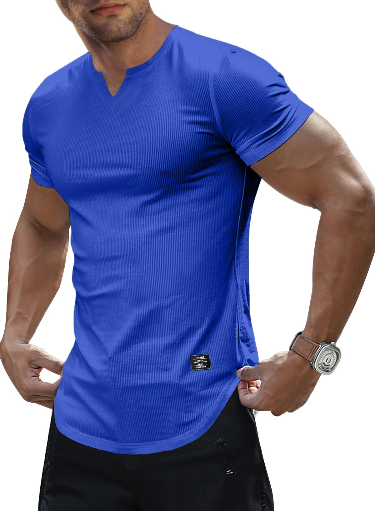 JMIERR Mens Muscle Slim T Shirts Texture V Neck Longline Henley Gym Workout Athletic Tee Shirt