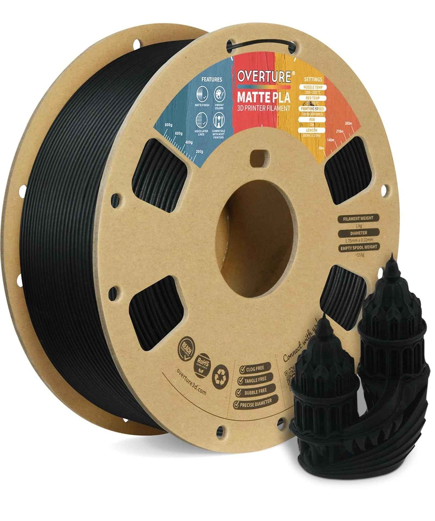 OVERTURE Matte PLA 3D Printer Filament 1.75mm, Matt Surface & Low Warping Filament 1kg Spool (2.2 lbs), Accuracy +/- 0.02 mm, Fit Most FDM Printers