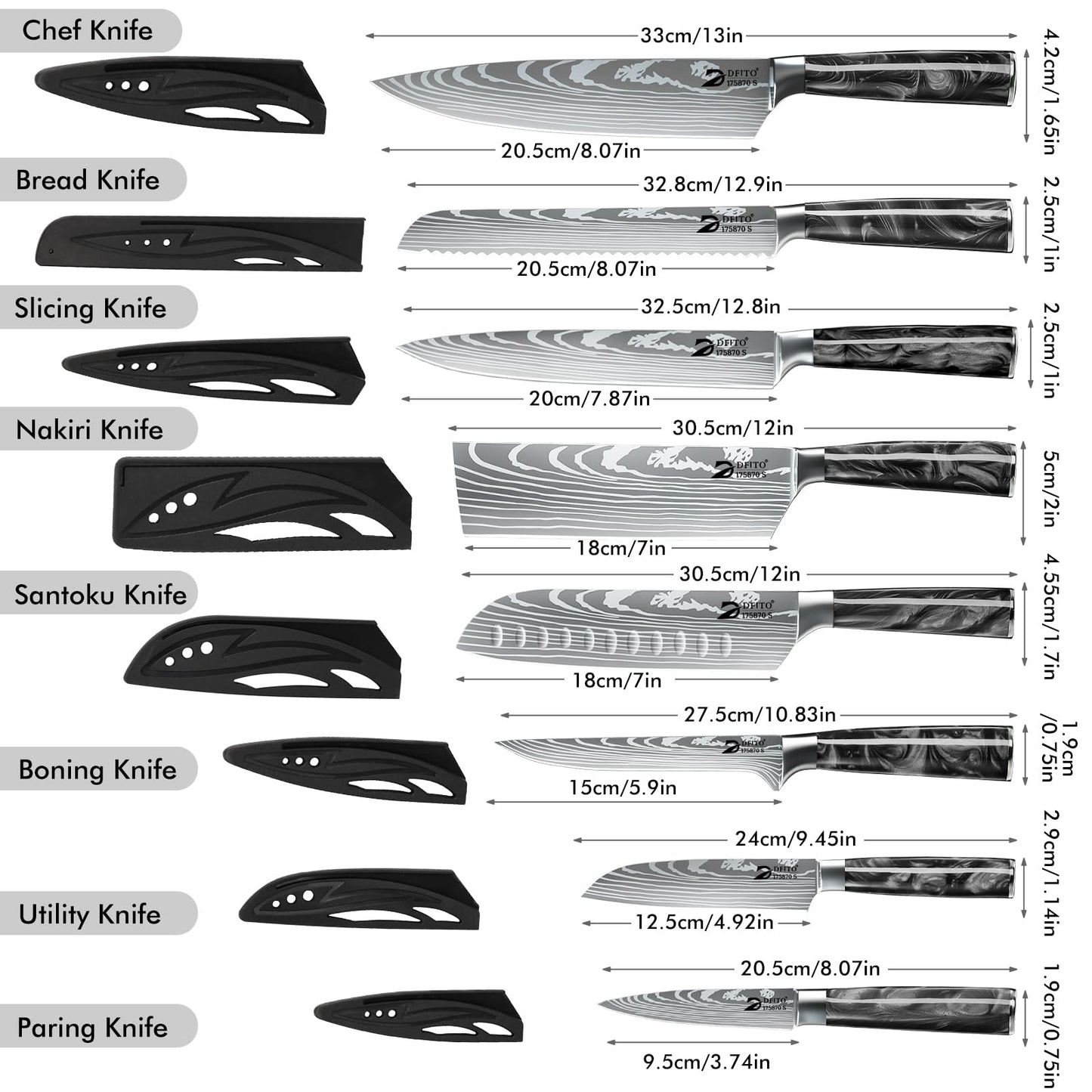 Dfito Chef Knife Sets with Roll Bag, 9 Pieces Professional Knife Set, High Carbon Stainless Steel Kitchen Chef Knife Set, Red Pakkawood Handle, Dishwasher Safe