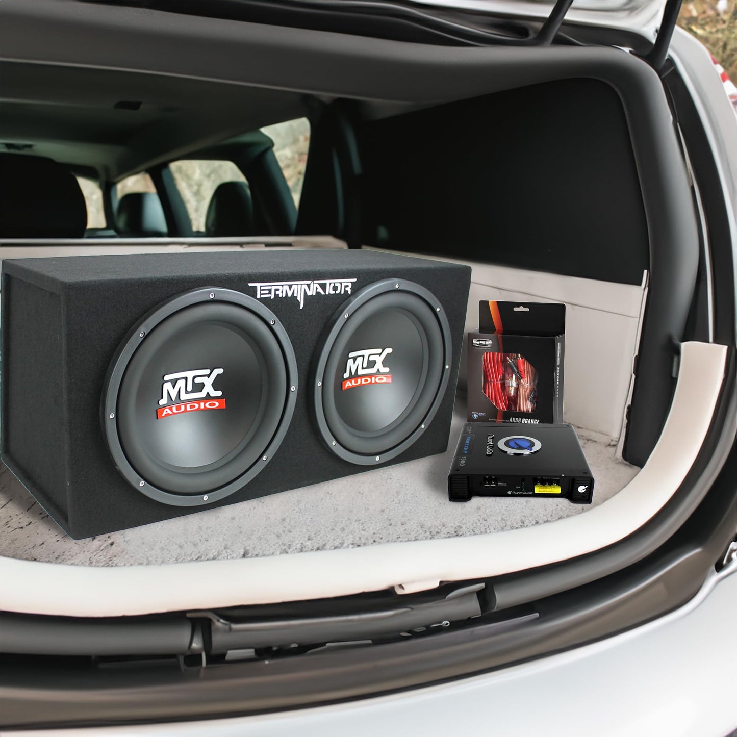 MTX 12-Inch Dual Subwoofer with Amp & Wiring Kit - Car Sound System Bundle with 1200W Peak Loaded Enclosure, Planet Audio Peak 1500W Monoblock Amplifier, and Soundstorm 8 Gauge Wiring Set