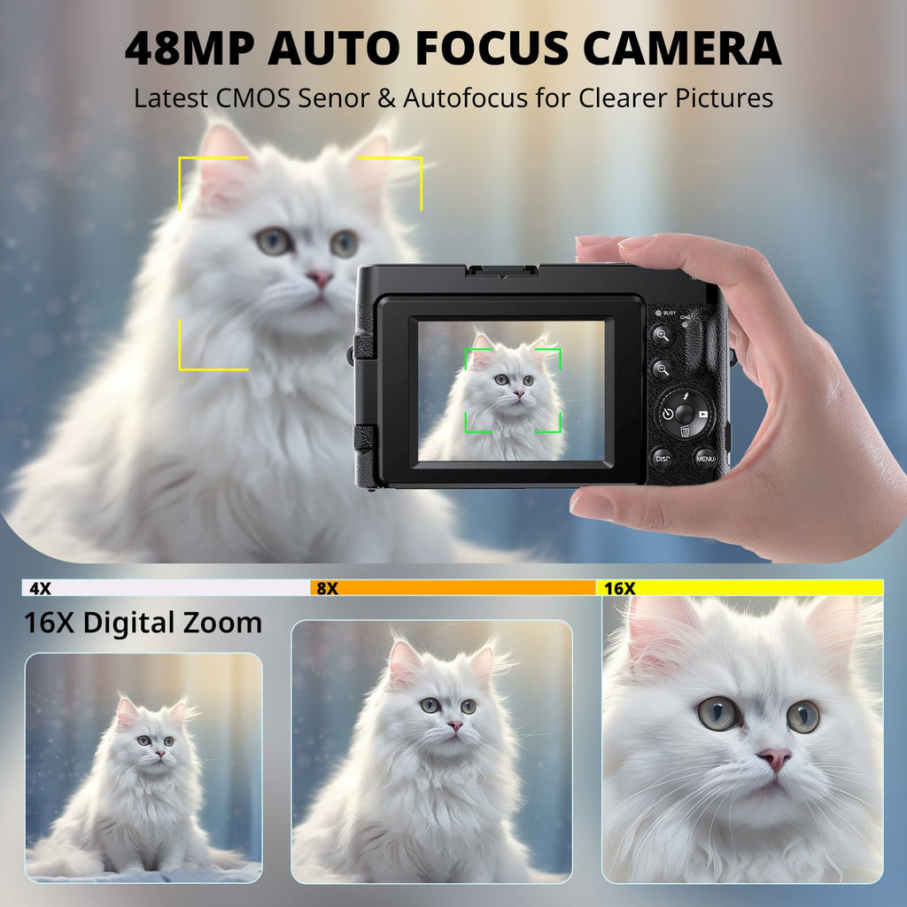 Duluvulu 4K Digital Camera for Photography Autofocus, 2026 Latest 48MP Vlogging Camera for YouTube with SD Card, 2 Batteries, 3" 180°Flip Screen Compact Travel Camera for Teens with 16X Zoom