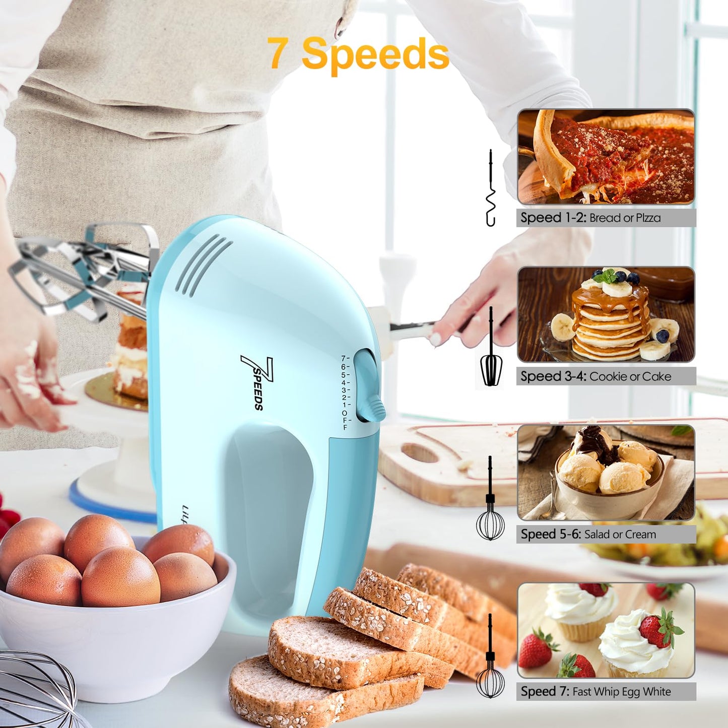 LILPARTNER Hand Mixer Electric, Ultra Power Kitchen Hand Mixer With 7-Speed & 5 Stainless Steel Accessories for Whipping Dough, Cream, Cake, Dishwasher Safe, Pink
