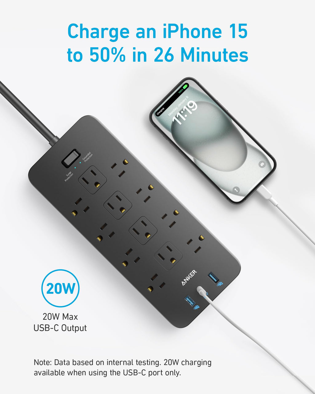 Surge Protector Power Strip (2100J)，Anker 12 Outlets with 1 USB C and 2 USB Ports ，for iPhone 15/15 Plus/15 Pro/15 Pro Max, Extension Cord, Flat Plug, 20W Charging.