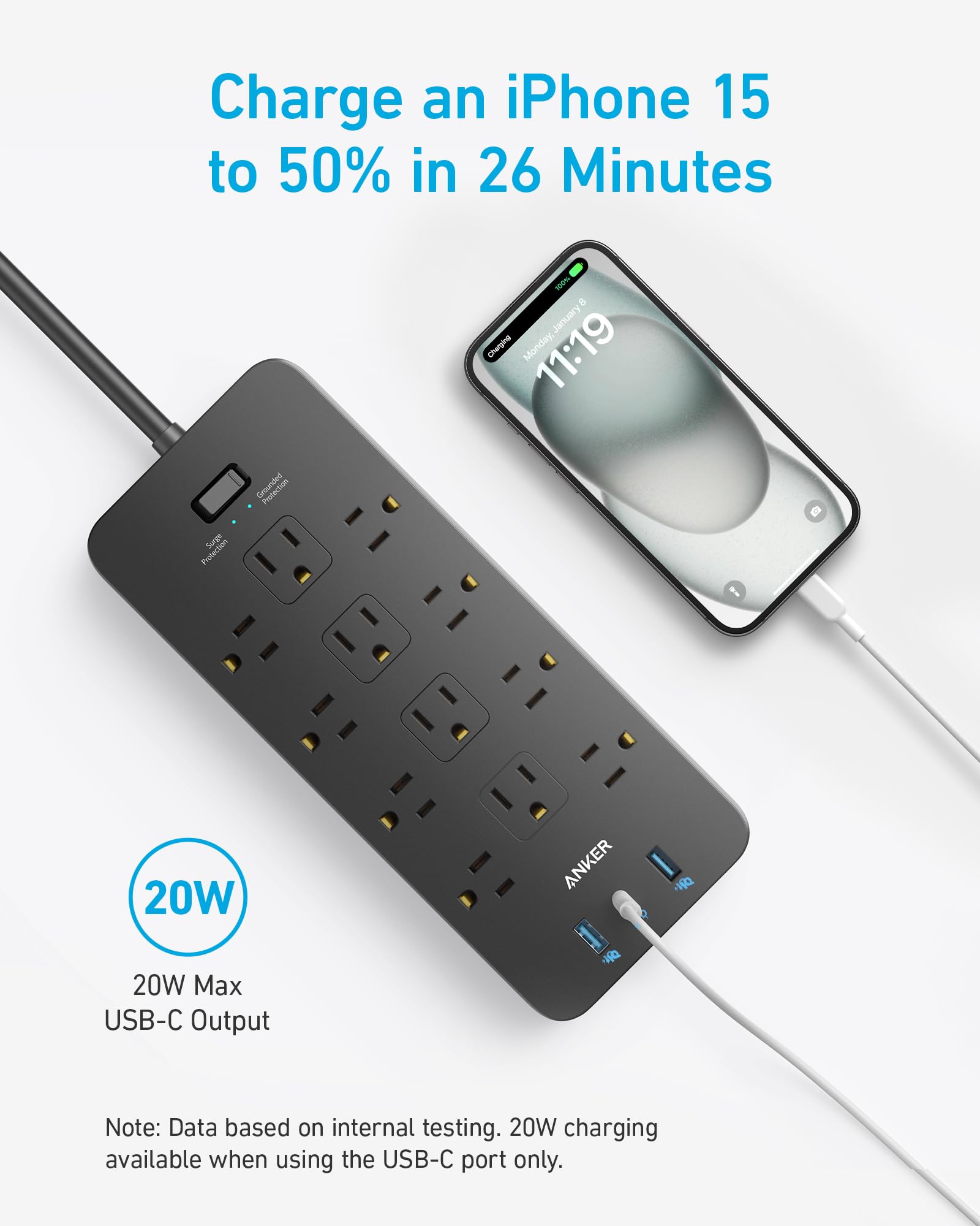 Surge Protector Power Strip (2100J)，Anker 12 Outlets with 1 USB C and 2 USB Ports ，for iPhone 15/15 Plus/15 Pro/15 Pro Max, Extension Cord, Flat Plug, 20W Charging.