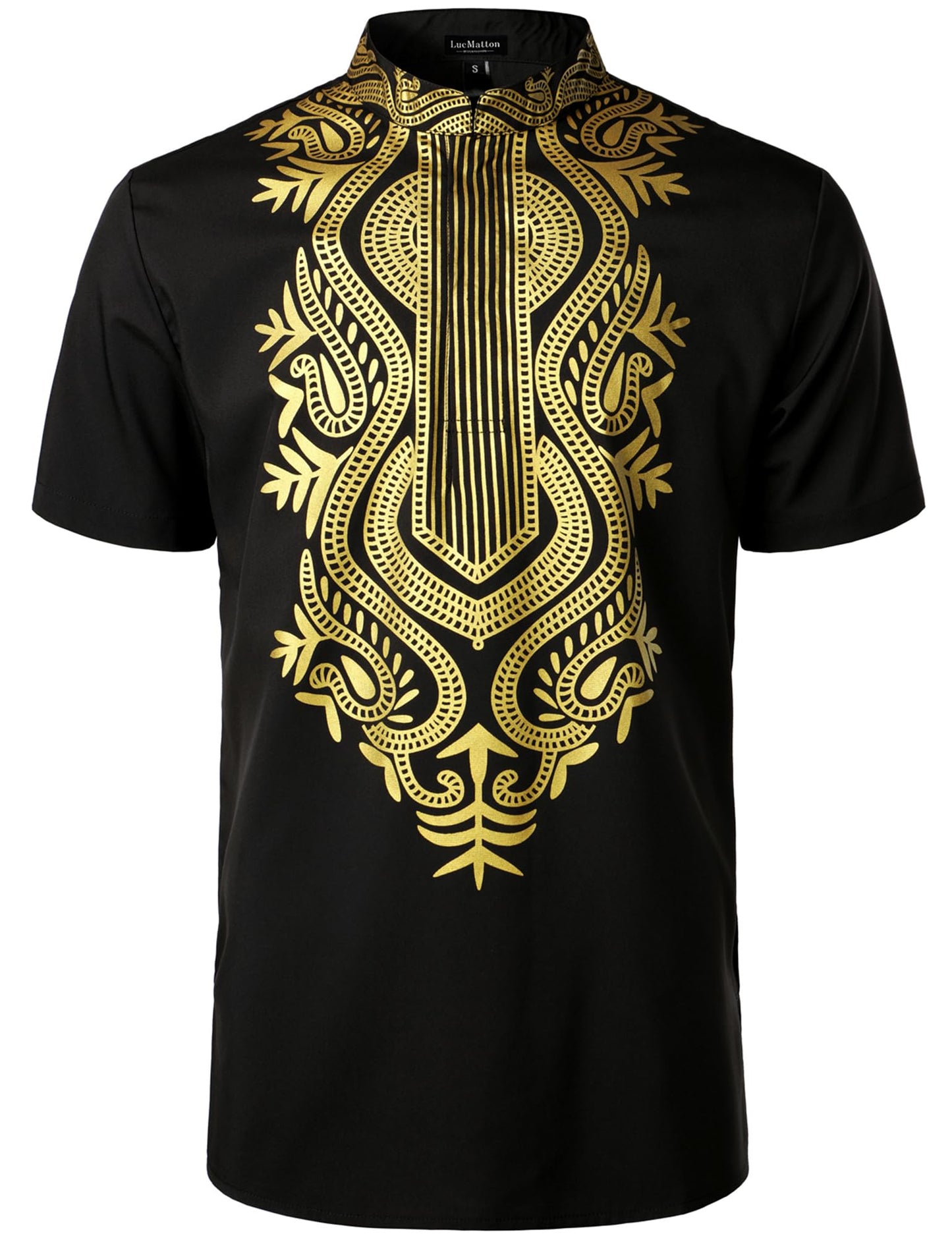LucMatton Men's African Short Sleeve Hidden Button Shirt Metallic Foil Stamping Dashiki T Shirt