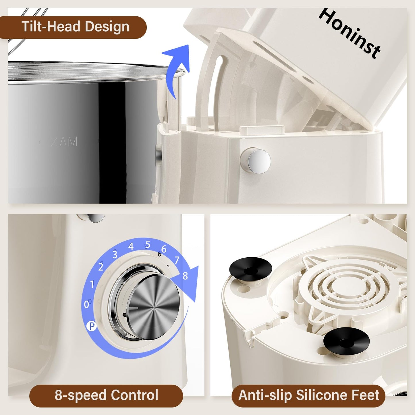 Honinst 6 QT Stand Mixer, Lightweight 10+P Speeds with Tilt-Head Electric Mixer, Kitchen Mixer with Dough Hook, Whisk, Beater, Bowl for Baking, Cake and Most Home Cooks