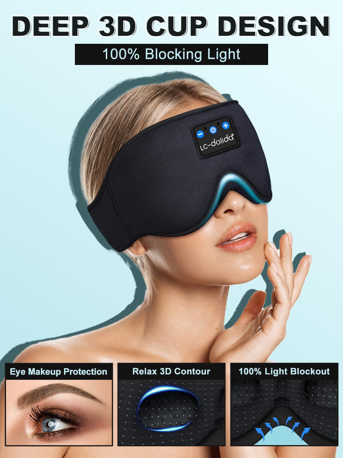 LC-dolida Sleep Headphones, 3D Sleep Mask Bluetooth Wireless Music Eye Mask, Sleeping Headphones for Side Sleepers