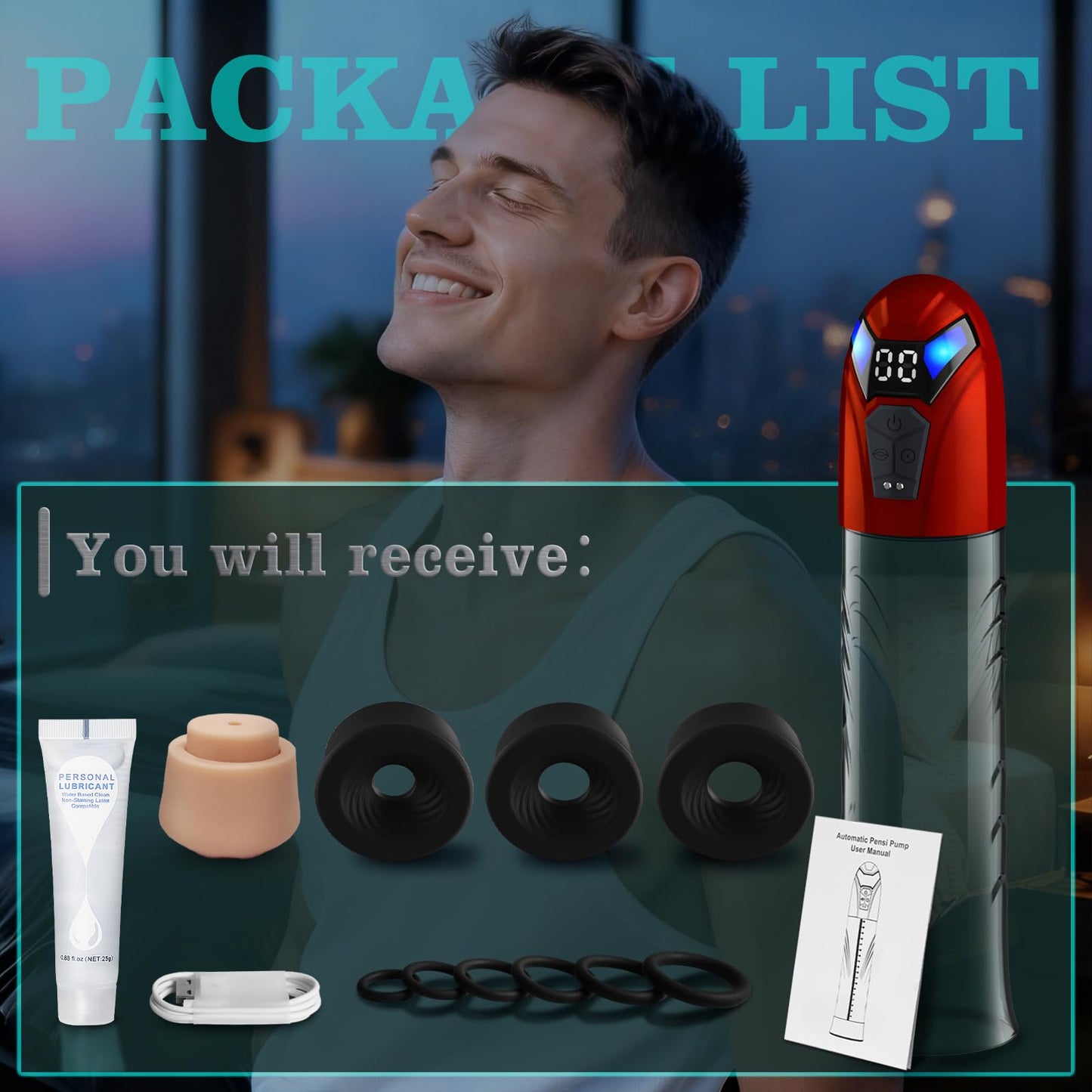 Penis Pump Automatic Electric Enlarger & Male Masturbator with 10 Erection Training Modes Adult Sex Toys for Men Dick Enlarger Male Penis Pump with Mini Pocket Pussy & 6 Cock Rings(Red)
