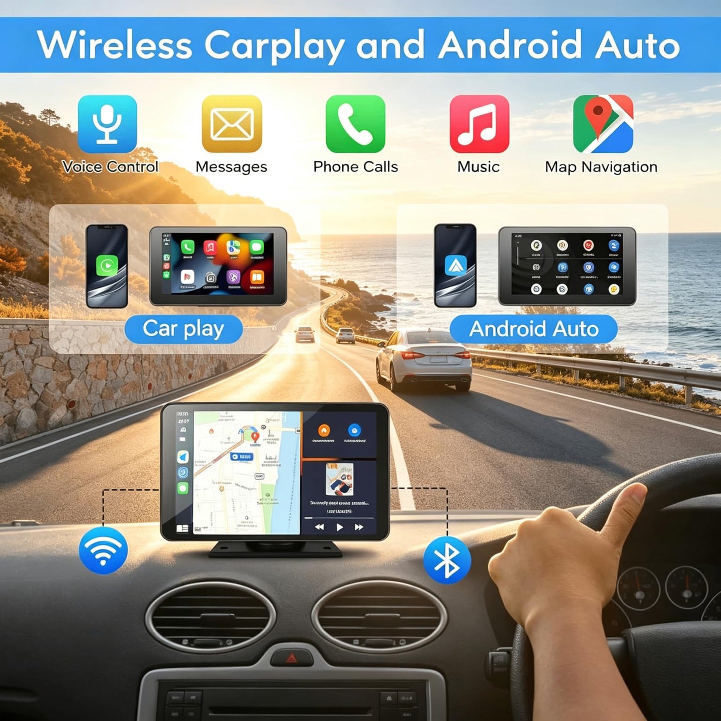 Carplay Screen for Car, 7'' Wireless CarPlay & Android Auto- Upgrade Portable Touchscreen with Bluetooth, Mirror Link, Voice Control, Hands-Free Calling Car Play Screen Stereo for All Vehicles
