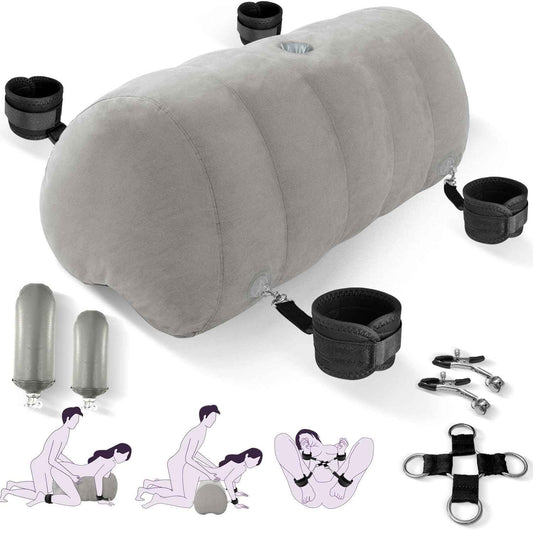 Sex Pillow Couples Sex Toys, Heart Shaped Inflatable Cushion Furniture for Bedroom Dildo Mount, Upsize Pillow with Bondage Cuffs, Cross Strap, Nipple Clamps BDSM Kit