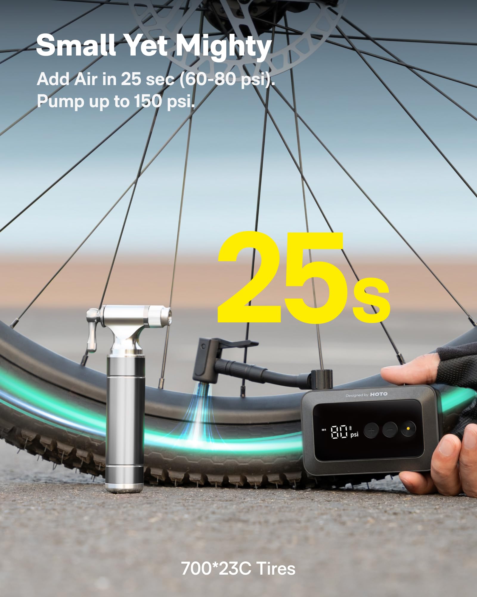 HOTO Mini Bike Tire Pump, 25s Fast Inflate Bicycle Pump with Guage, 150PSI Portable Electric Bike Air Pump with Presta and Schrader Valve for Road Bike, Motorcycle, Mountain Bike, BMX, Sports Ball