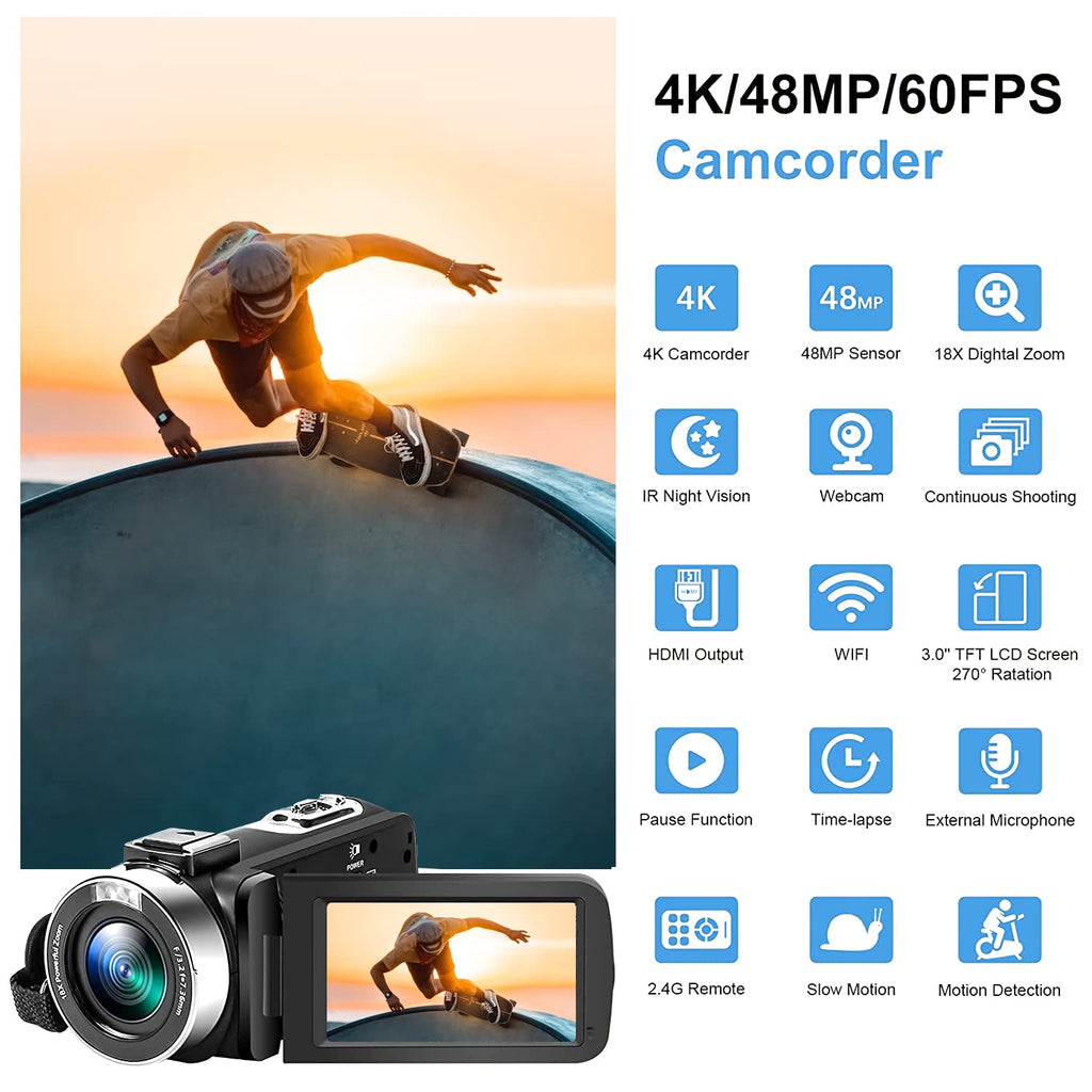 Acuvar 4K Video Camera Camcorder 48MP Auto Focus Vlogging Camera for YouTube 60FPS 18X Zoom Digital Camera WiFi, Mic, Stabilizer, 2 64GB SD Cards, 50" Tripod, Case, Charger, Card Reader