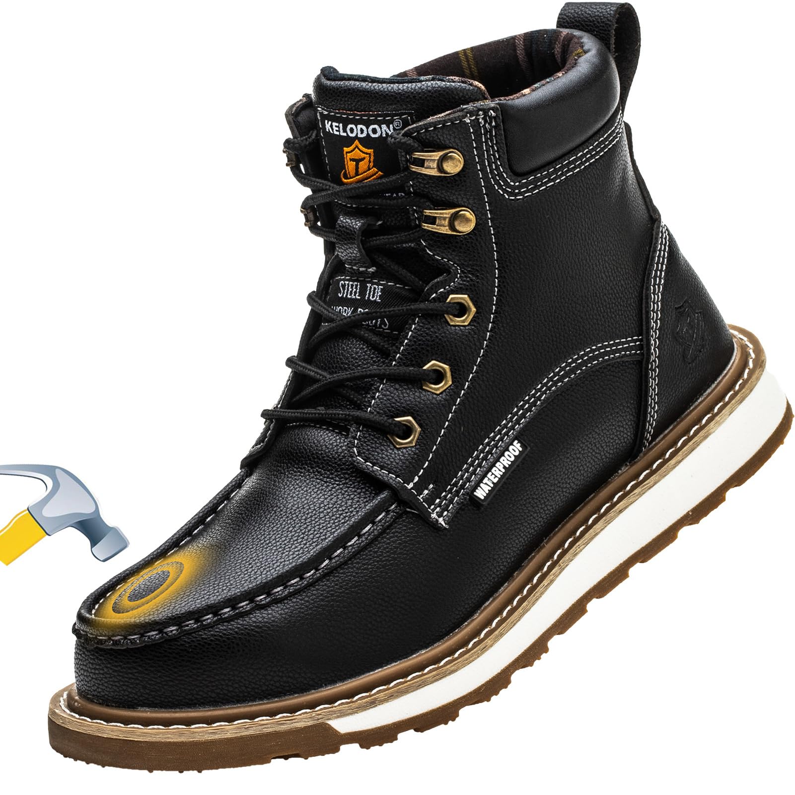 KELODON Waterproof Steel Toe Boots For Men-6" Leather Moc Toe Work Boots Mens Steel Toe Shoes Indestructible Non Slip Resistant Construction Safety Boot