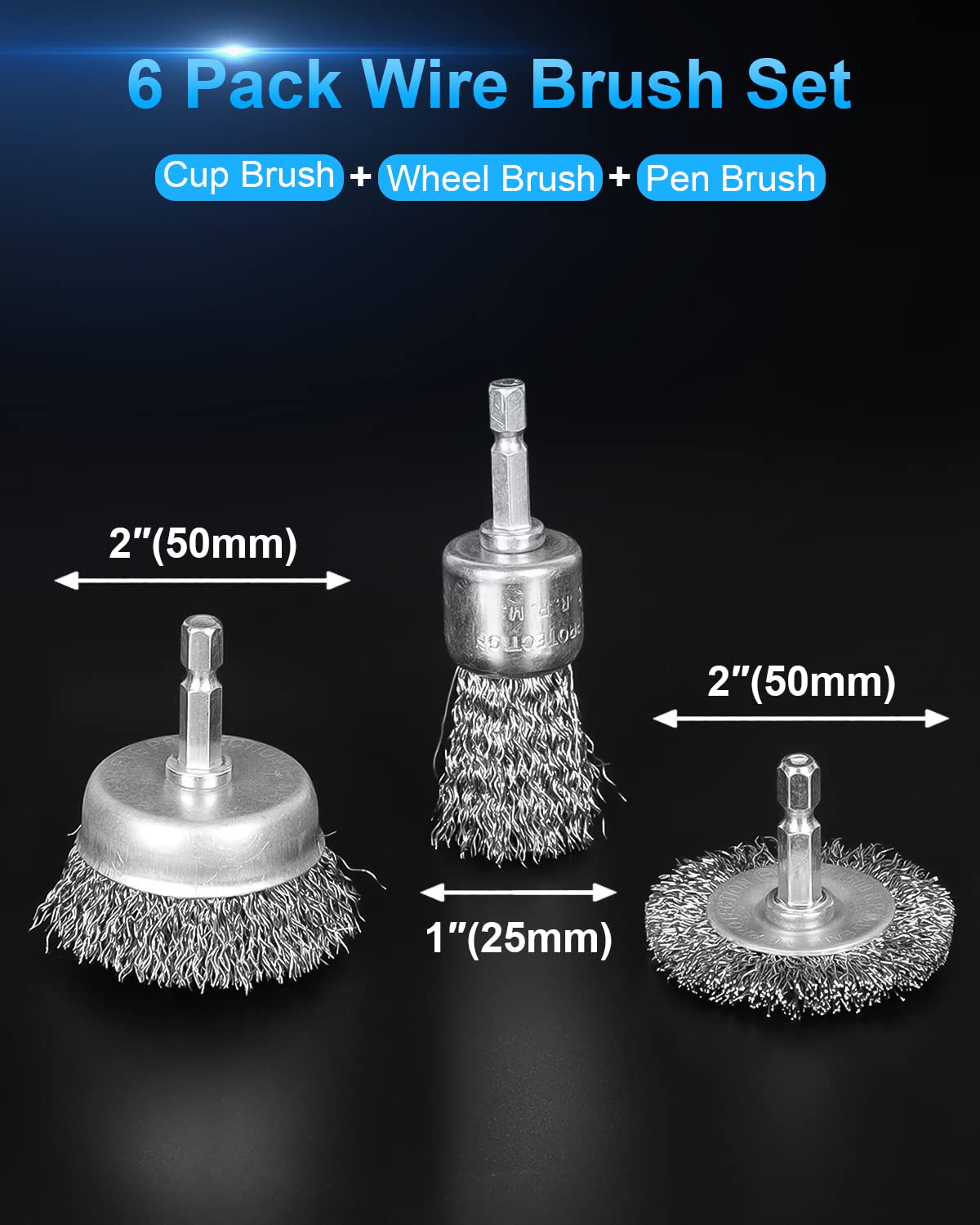 Rocaris Carbon Steel Wire Wheel Brush Set with 1/4-Inch Hex Shank - Cup, Wheel, Pen Brushes for Rust Removal, Corrosion and Scrub Surfaces