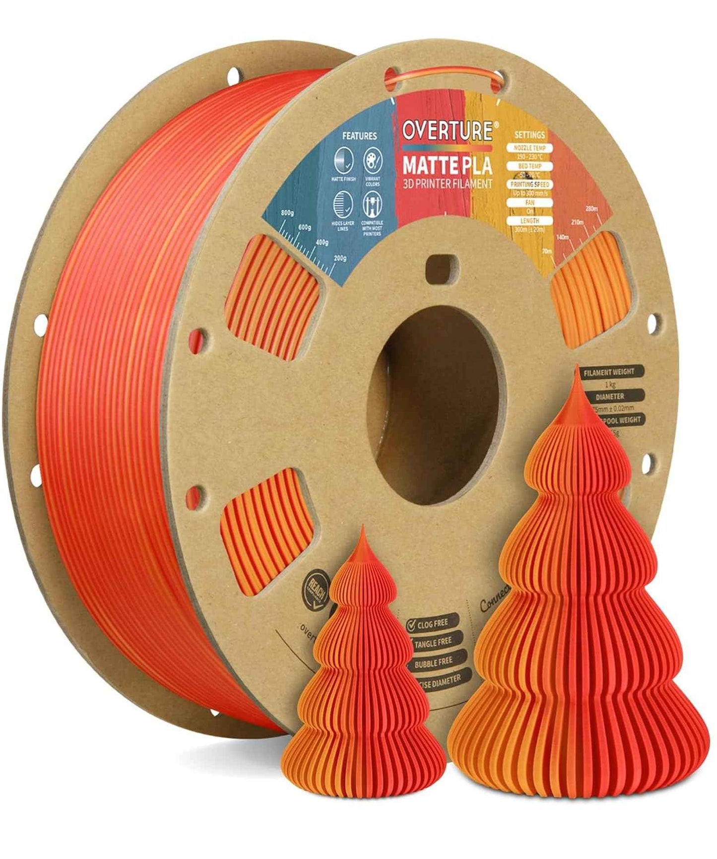 OVERTURE Matte PLA 3D Printer Filament 1.75mm, Matt Surface & Low Warping Filament 1kg Spool (2.2 lbs), Accuracy +/- 0.02 mm, Fit Most FDM Printers