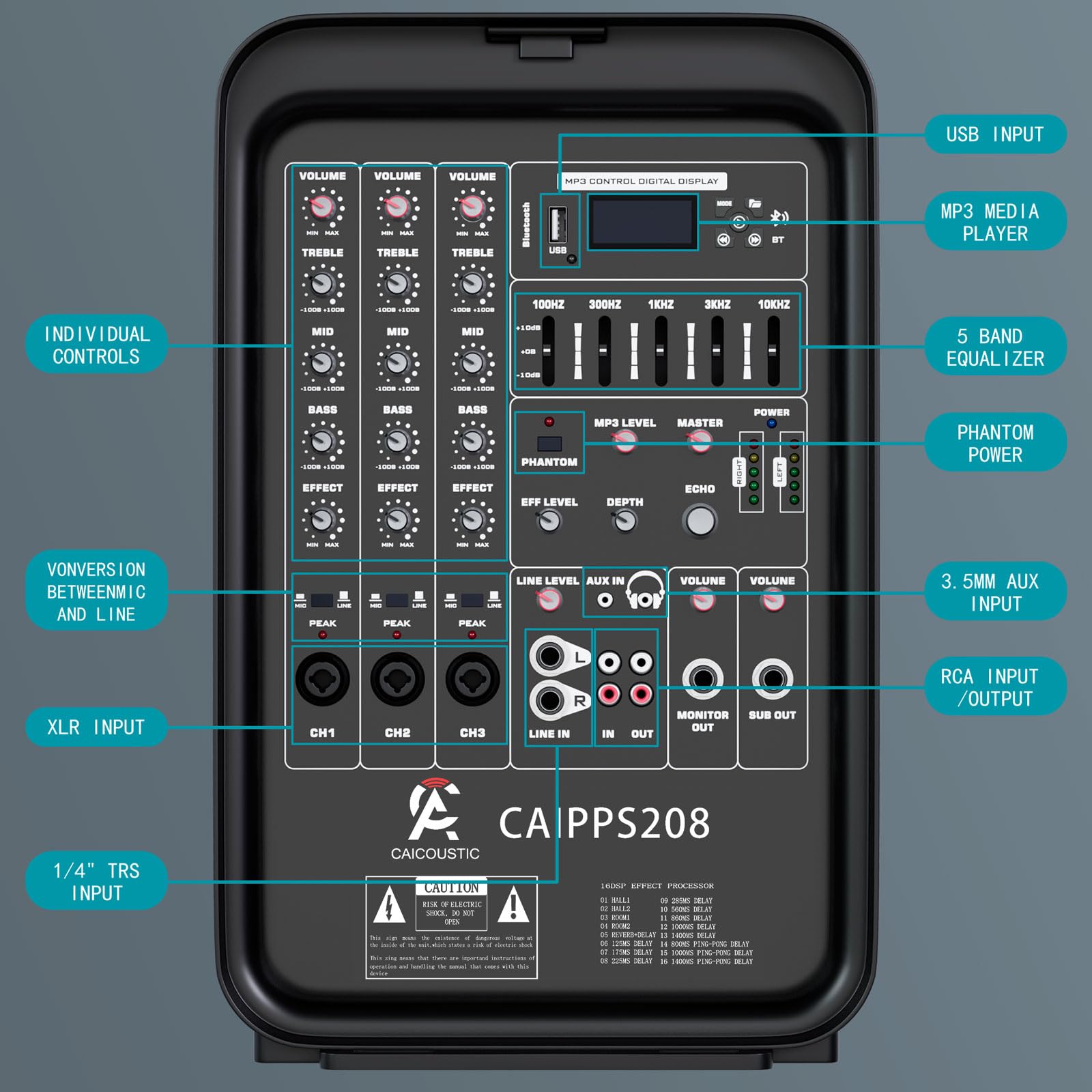 CAICOUSTIC All-in-One 2-Way PA Speaker System DJ Mixer Bundle,300W 8-Channel Mixer Bluetooth, Amplifier Kit with 8" Subwoofer and 1" Horn Tweeter,USB,2 Speaker Stands, Mic