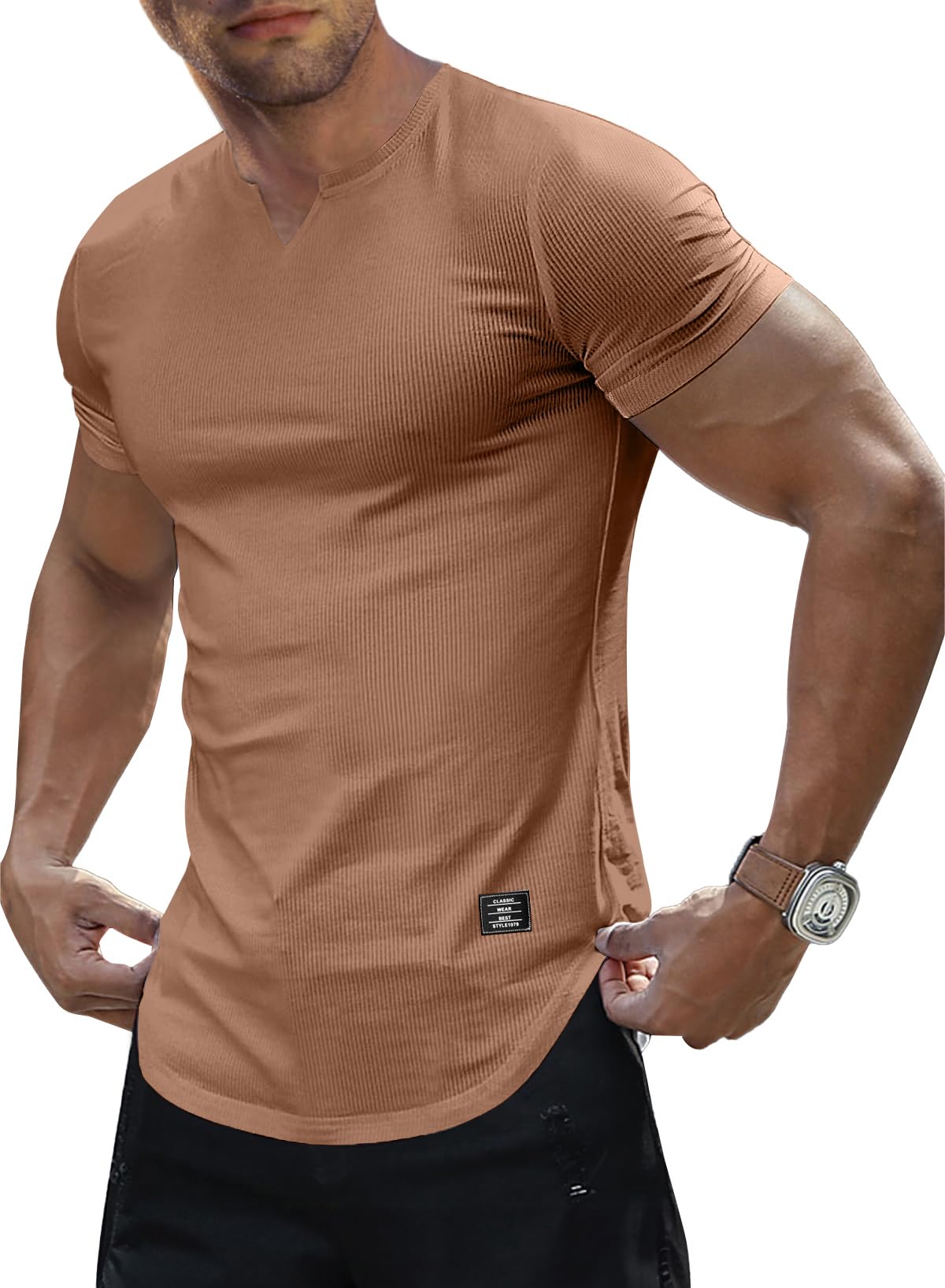 JMIERR Mens Muscle Slim T Shirts Texture V Neck Longline Henley Gym Workout Athletic Tee Shirt