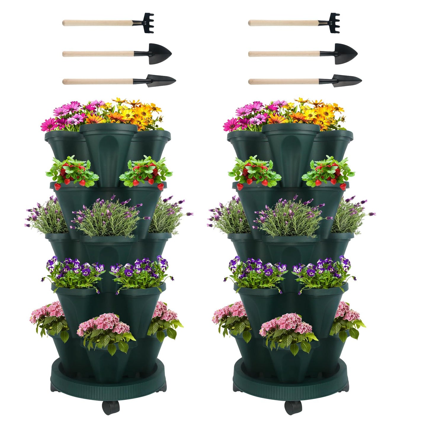 GameXcel Vertical Planter Tower - Multi-Tier Stackable Garden Planters with Wheels and Tools Plant Pots for Strawberry Herb Flower and Vegetable Indoor Outdoor Use Multicolor