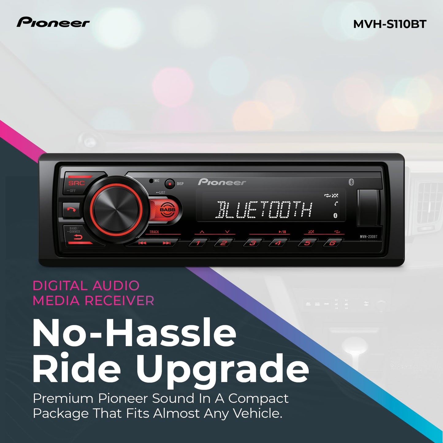 Pioneer MVH-S110BT 1-Din Digital Media Receiver Car Stereo – Bluetooth, USB Input, 50W x 4 Output, AM/FM Radio, iPhone & Android Compatible, Front & SW (Mono) RCA Output