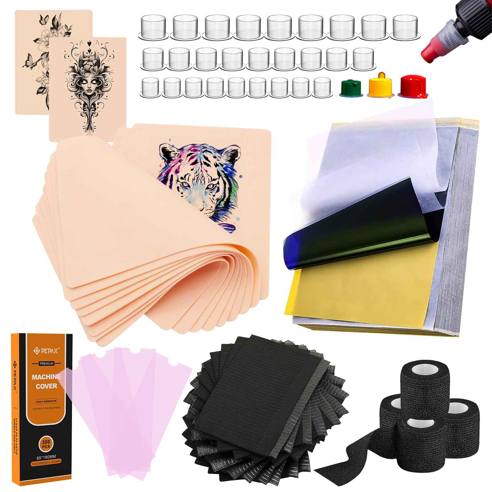 Anghie Professional Tattoo Practice Skin Kit 614Pcs Including 200 Large Pen Machine Covers 10 Fake Skins 50 Transfer Papers 300 Ink Caps 4 Machine Wraps 50 Dental Bibs for Beginners Tattoo Supplies