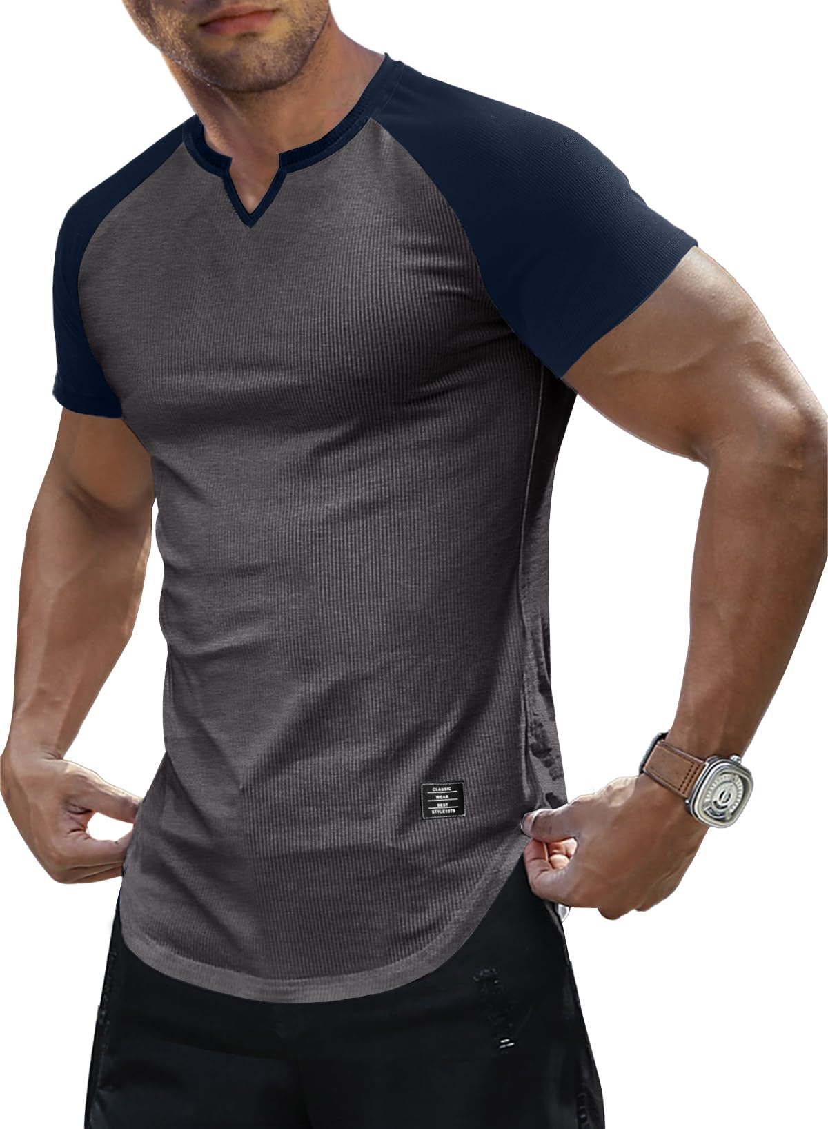 JMIERR Mens Muscle Slim T Shirts Texture V Neck Longline Henley Gym Workout Athletic Tee Shirt