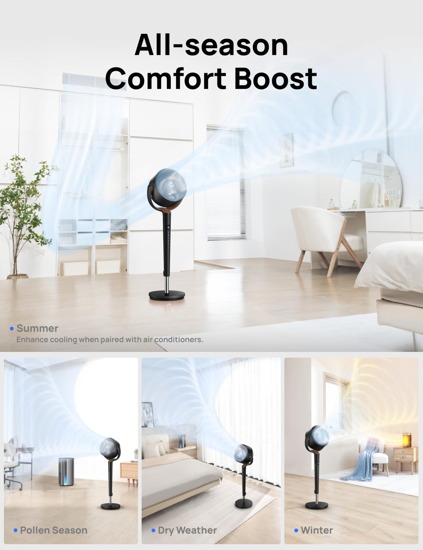 DREO Fan for Bedroom, 120° Oscillating Standing Fans, Quiet Floor Fan with DC Motor, 100ft Pedestal Fans for Room, 9 Speeds, 4 modes, 20dB, 120° Manual Vertical, 37-42" Adjustable Height, 9H Timer