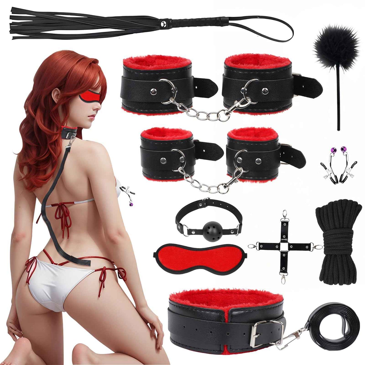 15 PCS Sex Bondage BDSM Kits Restraints, Fetish Handcuffs Ankle Cuff Collar Blindfold Whip Rope Nipple Clamps Paddle Anal Toys Ball Gag Adult Games Foreplay Toys for Couples