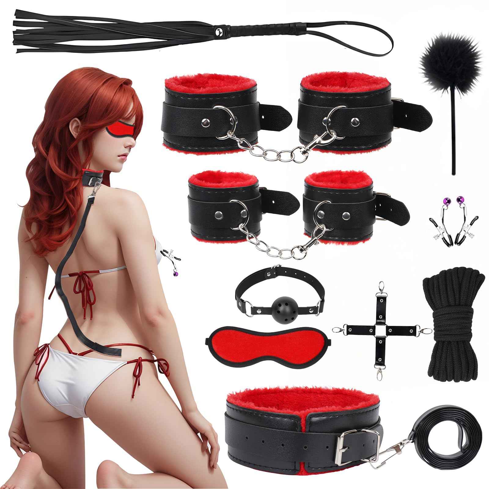 15 PCS Sex Bondage BDSM Kits Restraints, Fetish Handcuffs Ankle Cuff Collar Blindfold Whip Rope Nipple Clamps Paddle Anal Toys Ball Gag Adult Games Foreplay Toys for Couples