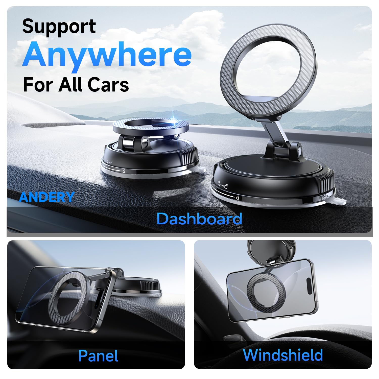 ANDERY Car Phone Holder for Magsafe [78+LBS Strongest Suction & 2400gf Magnetic] 360° Adjustable Car Phone Mount, Phone Holders for Your Car for iPhone 17 Pro Max 16 15 14 13 12 Air Plus