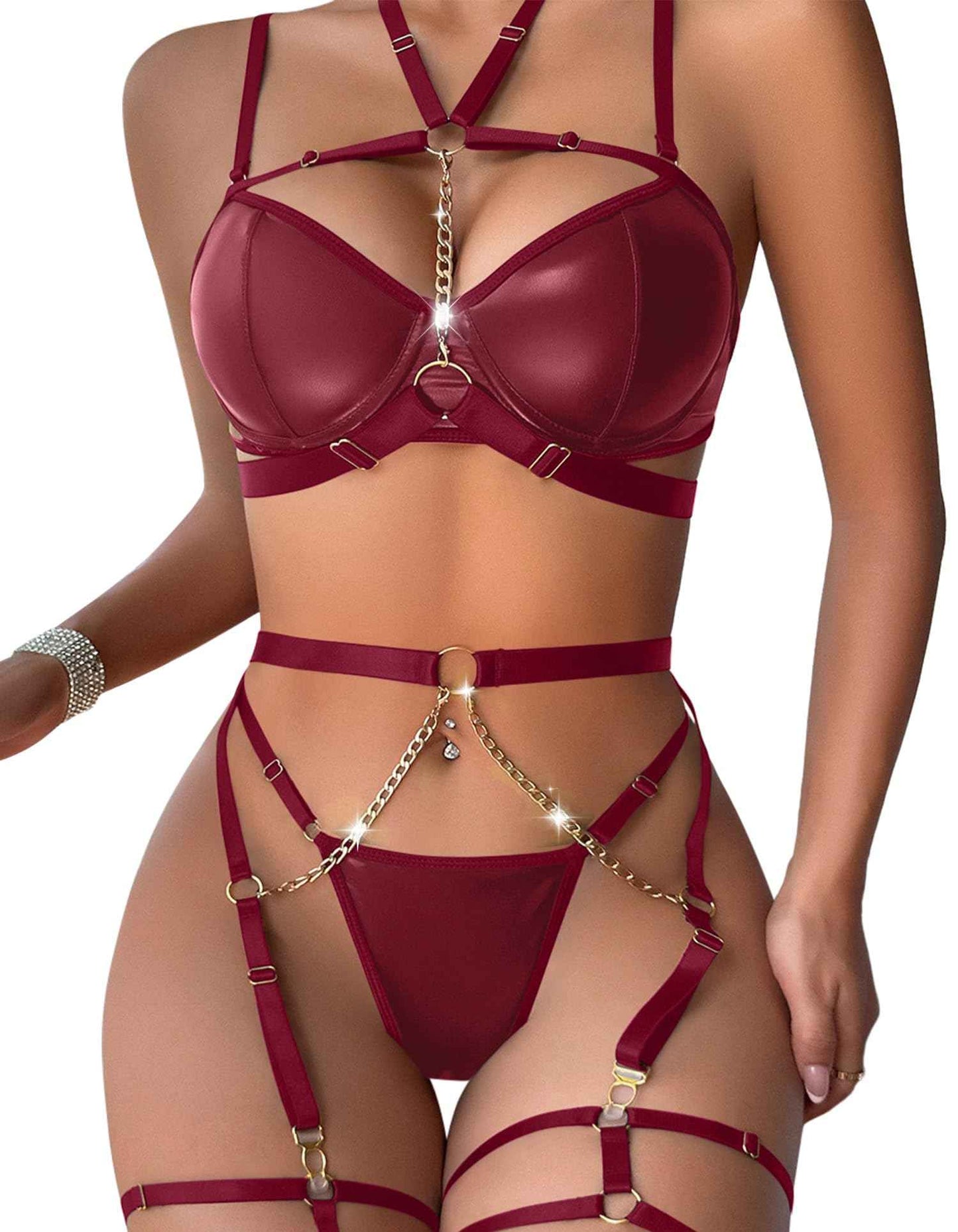 Lilosy Sexy PU Leather Garter Belt Lingerie Set with Underwire Straps