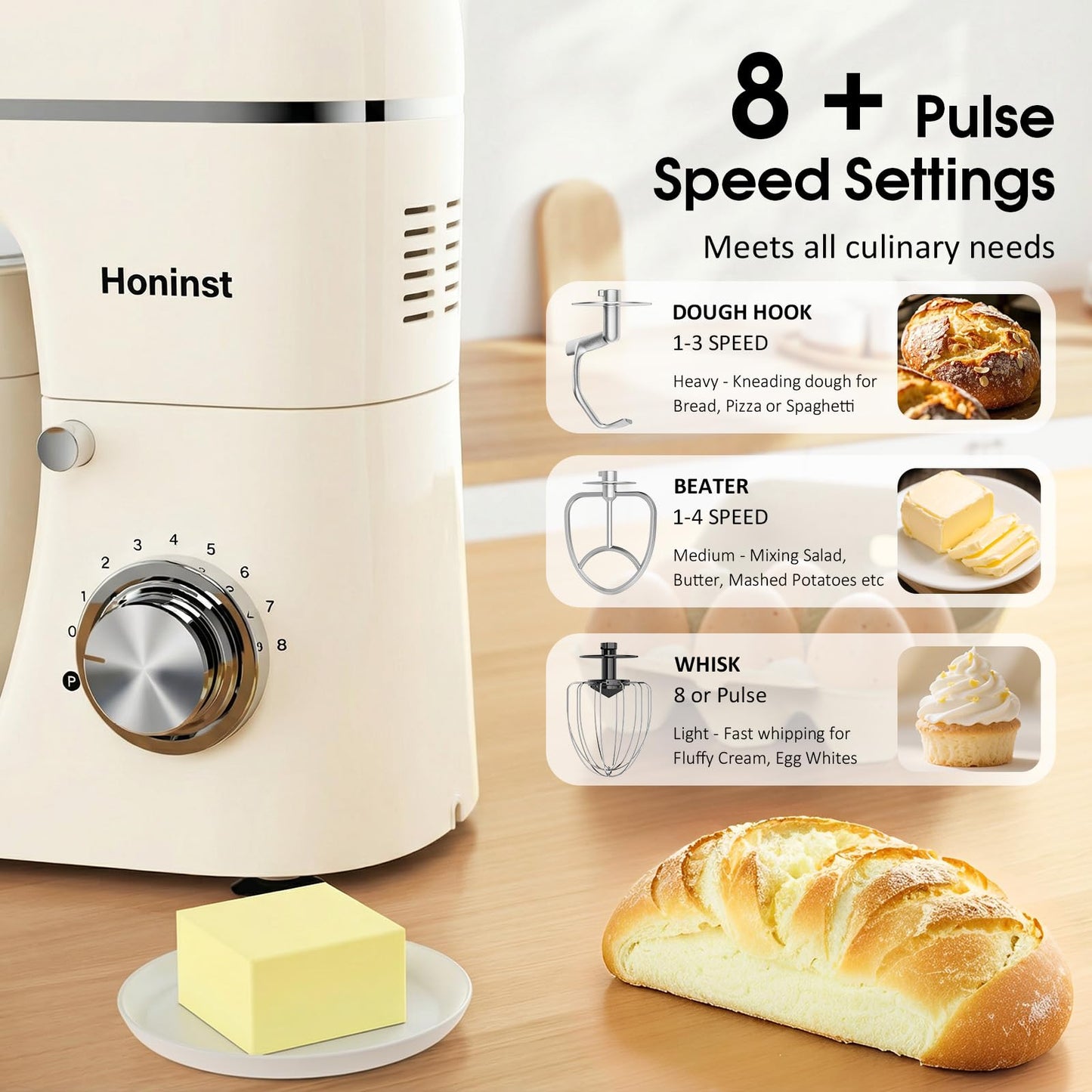 Honinst 7-IN-1 Multifunctional Stand Mixer, 6.5 QT 8-Speed Tilt-Head Kitchen Mixer, Electric Food Mixer with Meat Grinder, Juice Blender, Dough Hook, Beater, Whisk, Bowl for Most Home Cooks