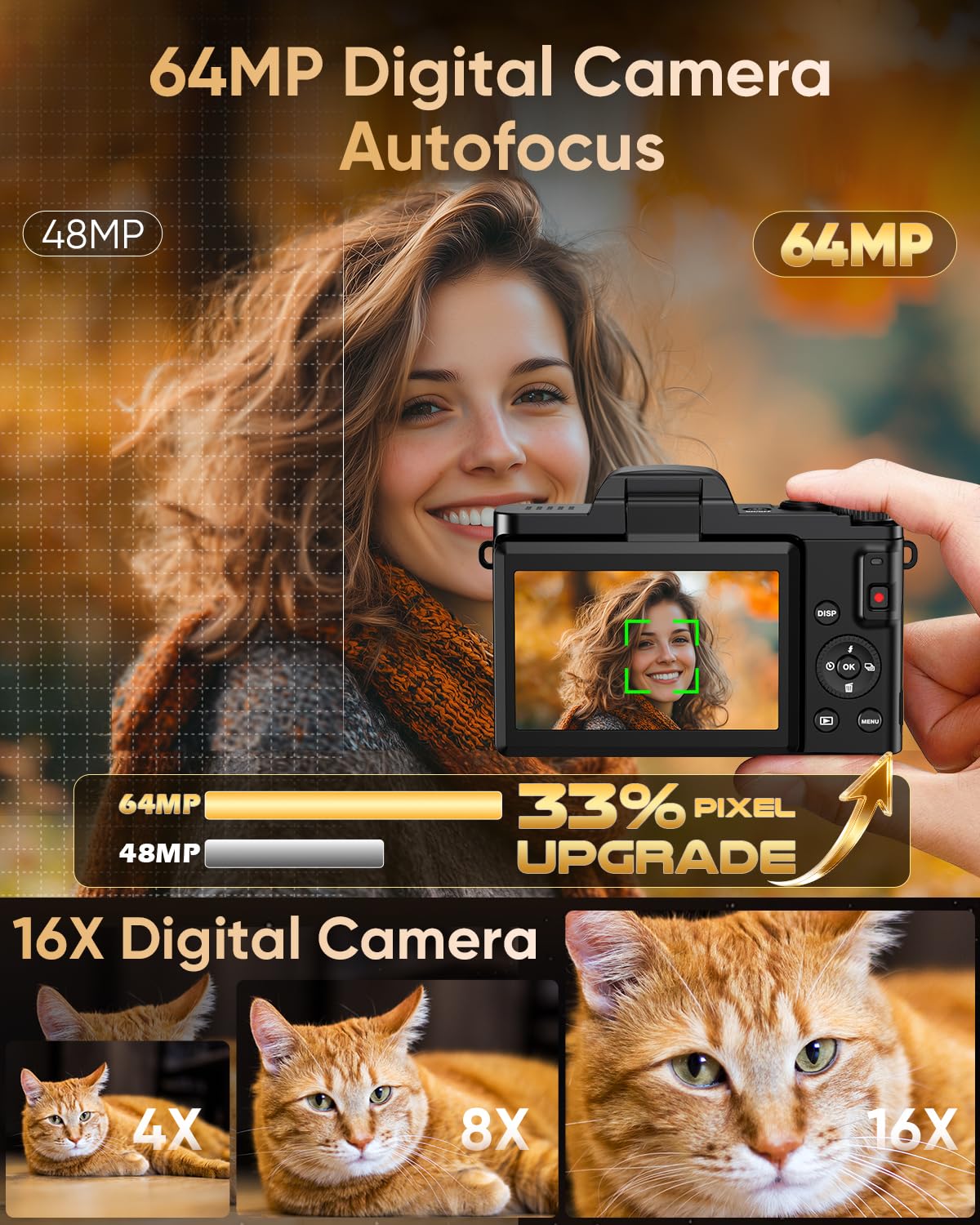 4K Digital Camera for Photography with WiFi,64MP Autofocus 3'' 180° Flip Screen 16X Zoom Vlogging Camera for YouTube, Compact Travel Camera for Beginners, Anti-Shake, 32GB Card, 2 Batteries