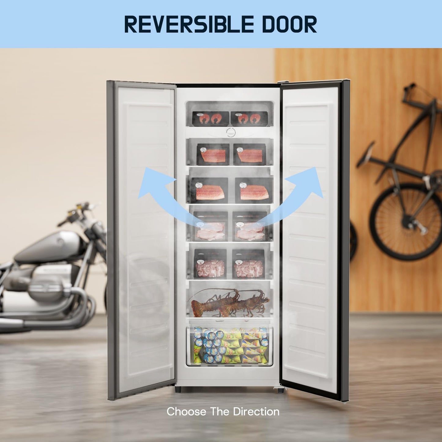 Upstreman 7.0 Cu.Ft Upright Freezer, Large Capacity Stand Up Garage Ready Freezer with 5 Adjustable Shelves, Convertible Refrigerator/Freezer, Reversible Door for Home, Basement, Apartment