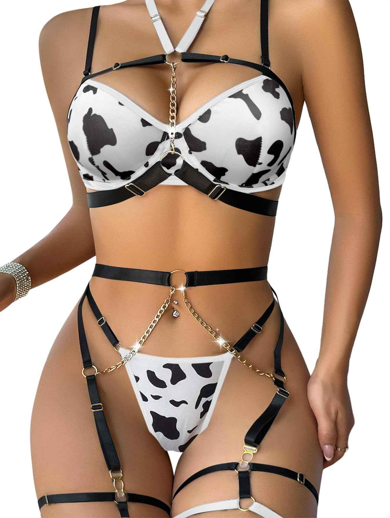 Lilosy Sexy PU Leather Garter Belt Lingerie Set with Underwire Straps