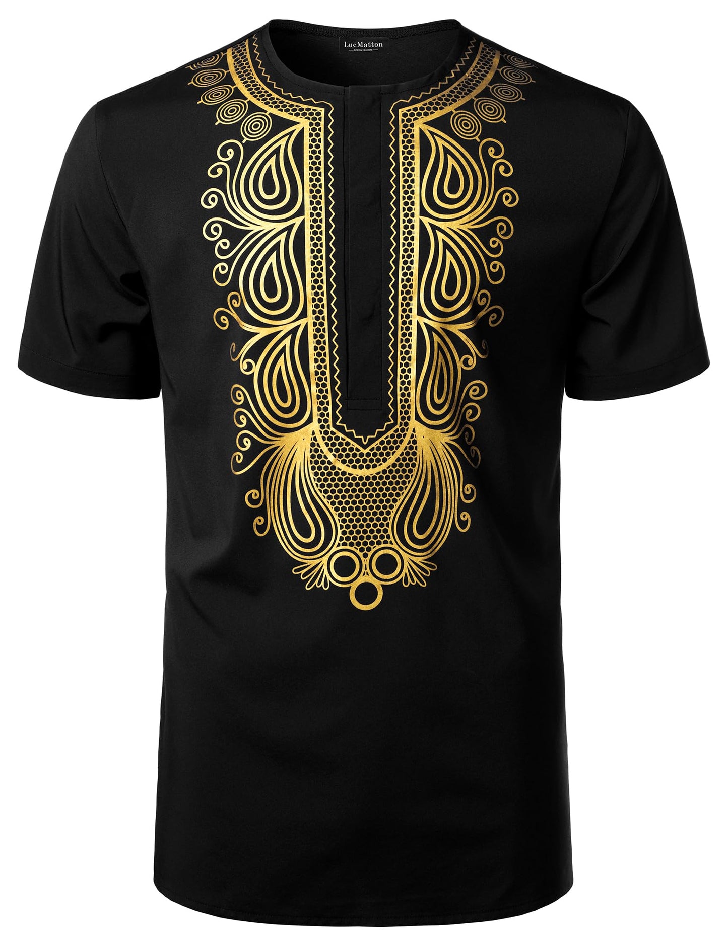LucMatton Men's African Short Sleeve Hidden Button Shirt Metallic Foil Stamping Dashiki T Shirt