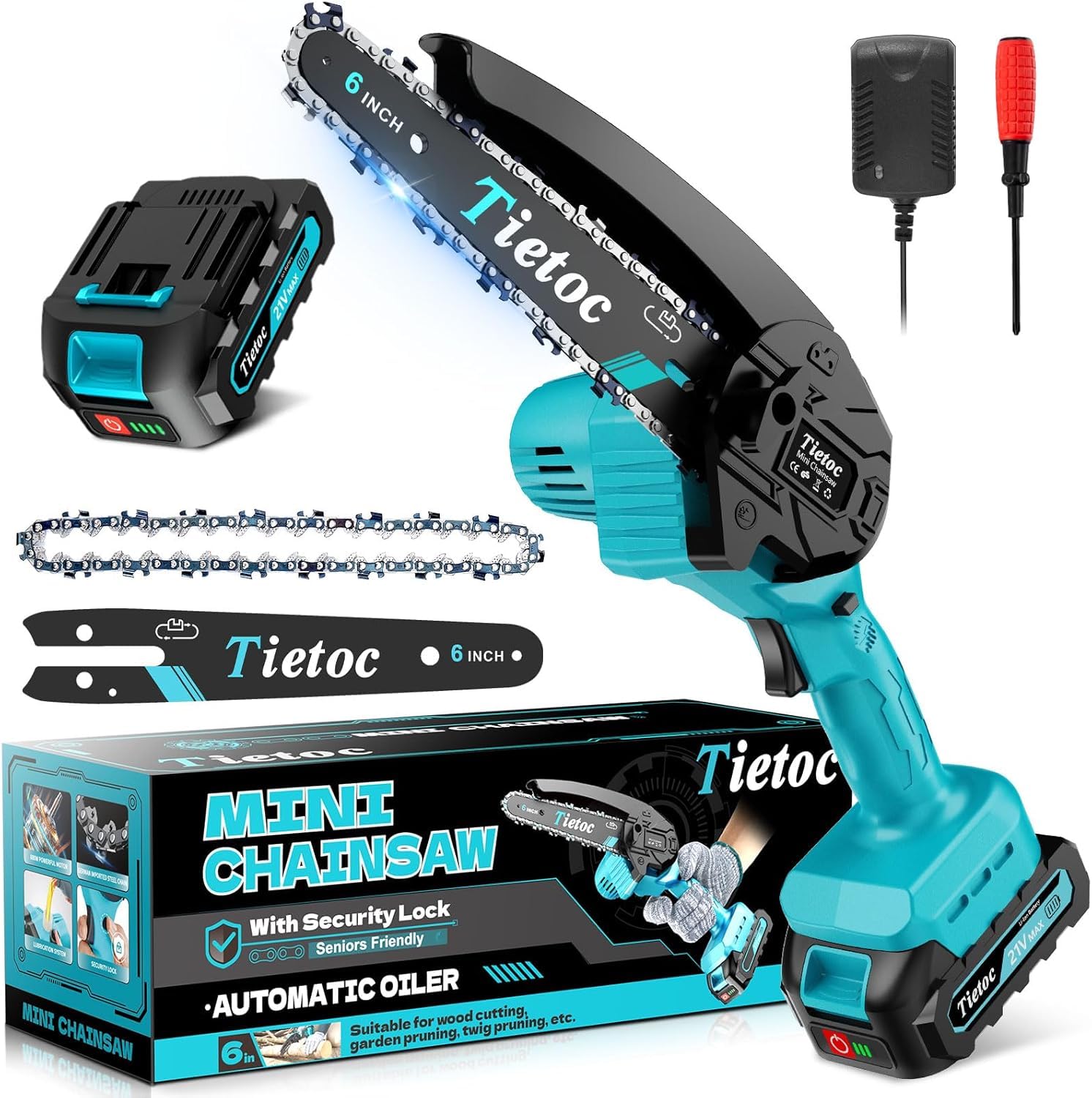 Mini Chainsaw Cordless, 8 Inch & 6 Inch Portable Electric Chainsaw,Battery Powered Handheld Power Chain Saw with 2 Batteries and Auto Oil