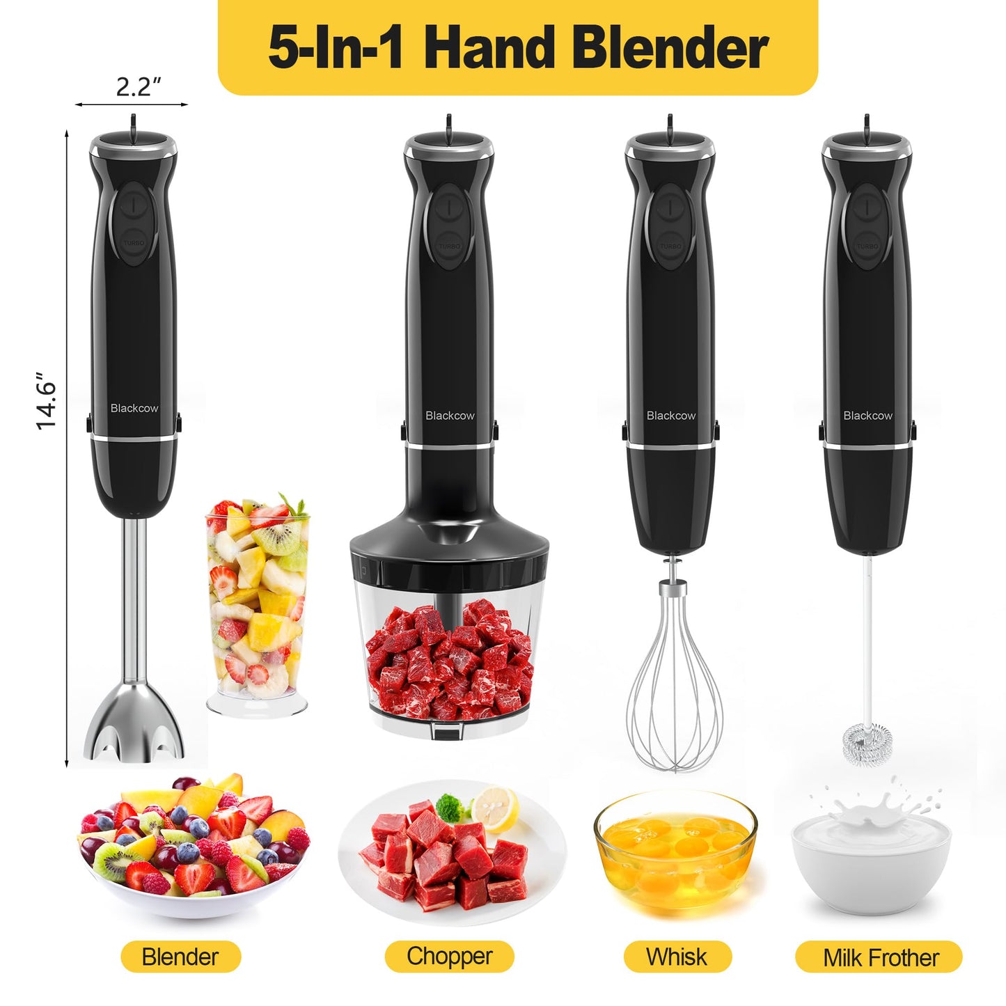 Blackcow Immersion Blender Handheld, Powerful Electric Hand Blender with Titanium Alloy Blades, Variety Speeds & Turbo, Electric Hand Mixer for Smoothies, Soups, Baby Food and Purees