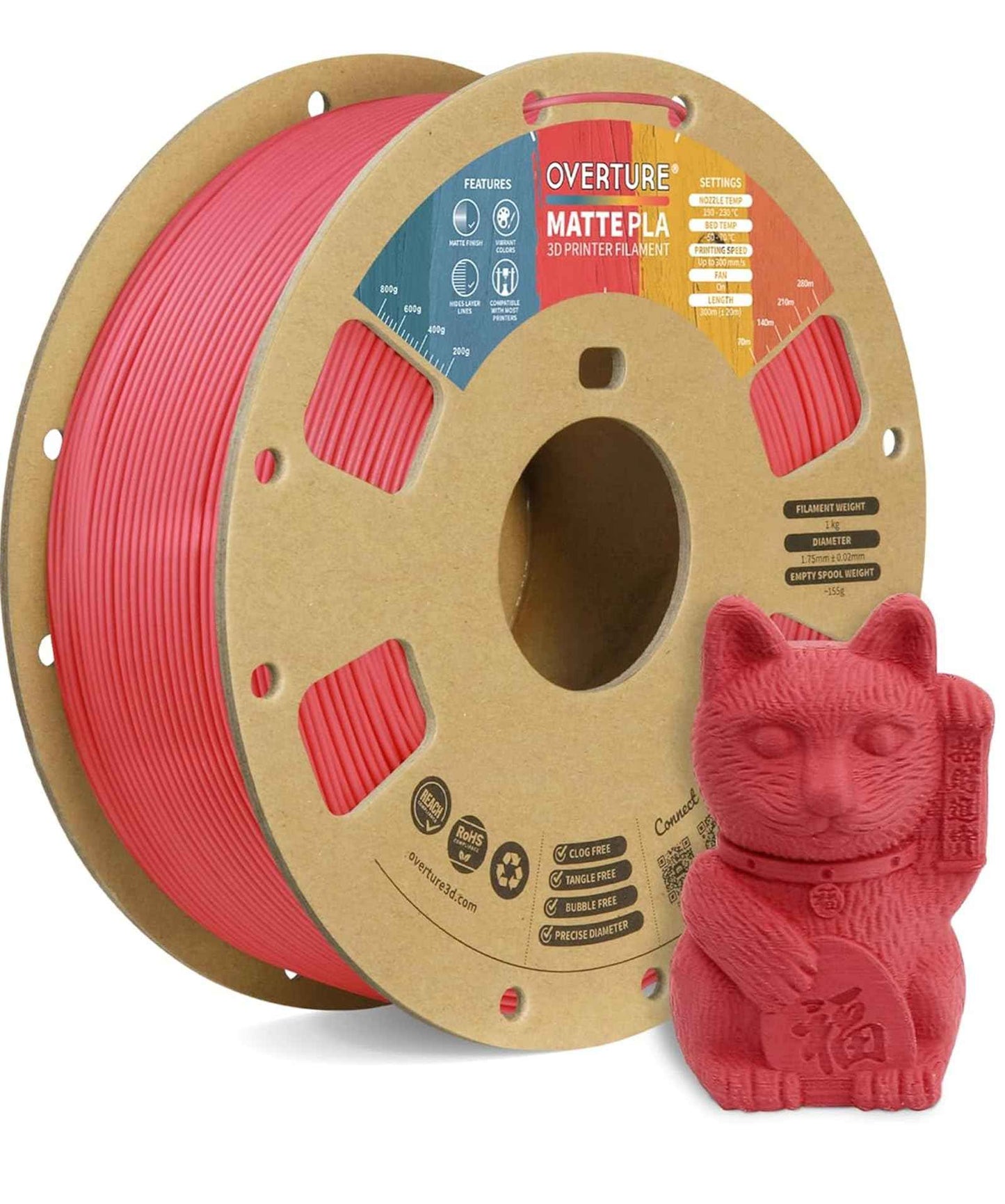 OVERTURE Matte PLA 3D Printer Filament 1.75mm, Matt Surface & Low Warping Filament 1kg Spool (2.2 lbs), Accuracy +/- 0.02 mm, Fit Most FDM Printers