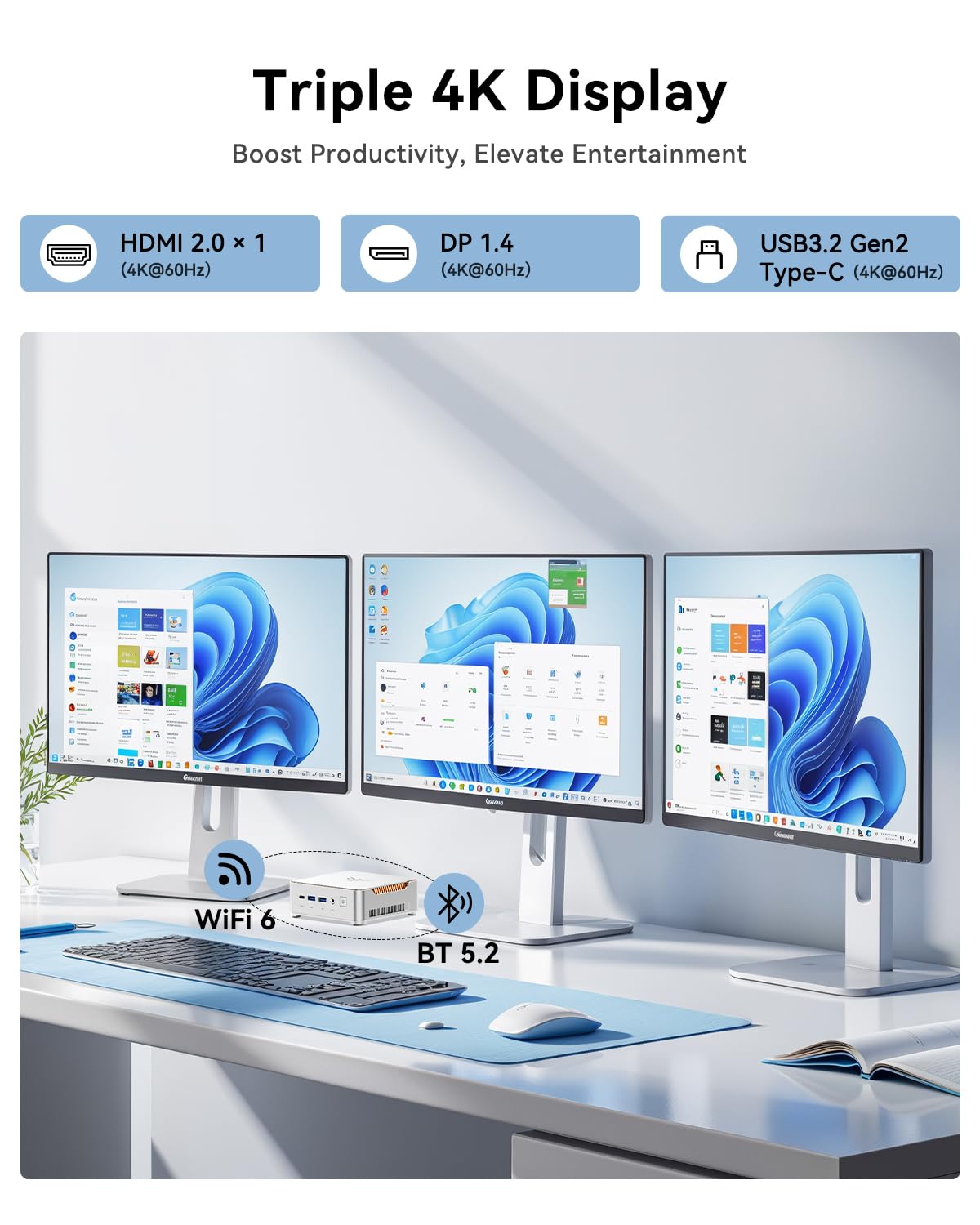 KAMRUI H2 Mini PC with Triple 4K Display