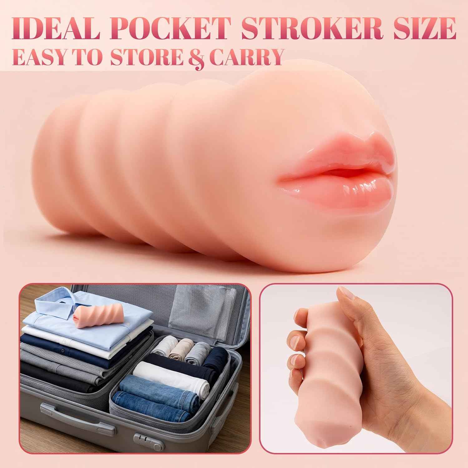 Mini Male Masturbators Oral Sex Toys for Men, 3D Textured Realistic Blowjob Mouth Pocket Stroker Masturbator, Close-Ended Penis Training Pocket Oral Adult Toy for Man Beginners Masturbation