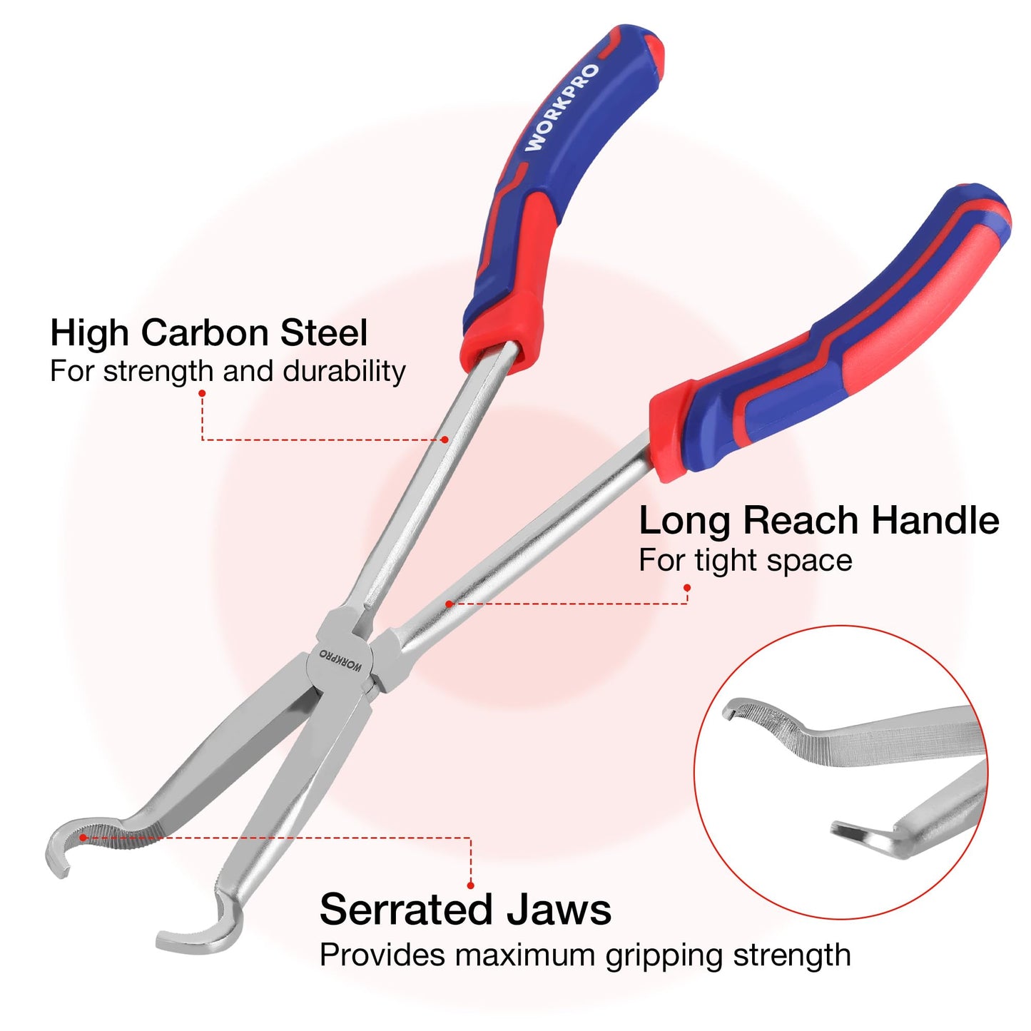 WORKPRO 3 PCS 11" Hose Gripper Plier Set, Long Reach Hose Gripping Pliers, 5/16-Inch, 1/2-Inch, 3/4-Inch Dia, Spark Plug Boot Removal Pliers, Serrated Jaws for Hard to Reach Narrow Spaces