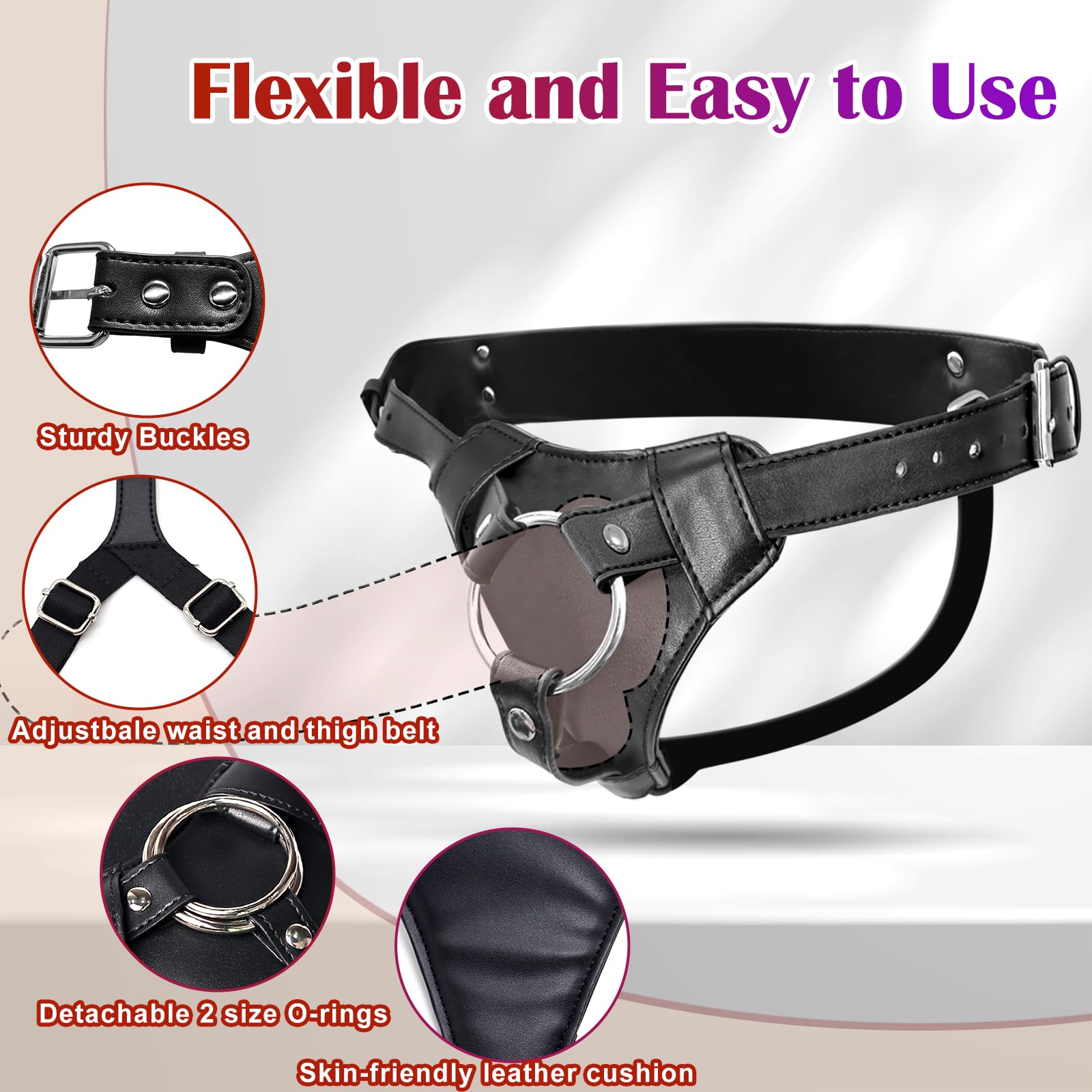 Strap On Dildo Harness Adult Sex Toys for Women Men Pegging Dildo, Adjustable Waist and Thigh Soft Nylon Vegan Leather Belt with 2 Size Metal O-Rings for Lesbian Gay Couple Vaginal Anal Play (Black)