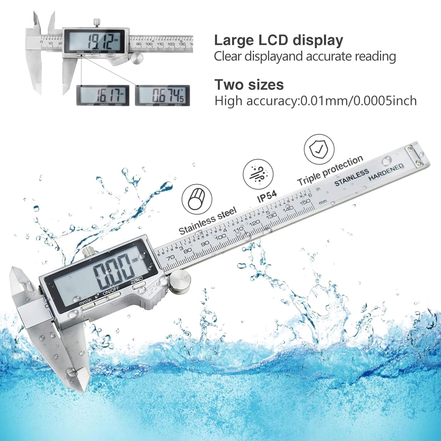 Digital Caliper, Caliper Measuring Tool with Stainless Steel, Electronic Micrometer Caliper with Large LCD Screen, Auto-Off Feature, Inch and Millimeter Conversion (6 Inch/150 mm)