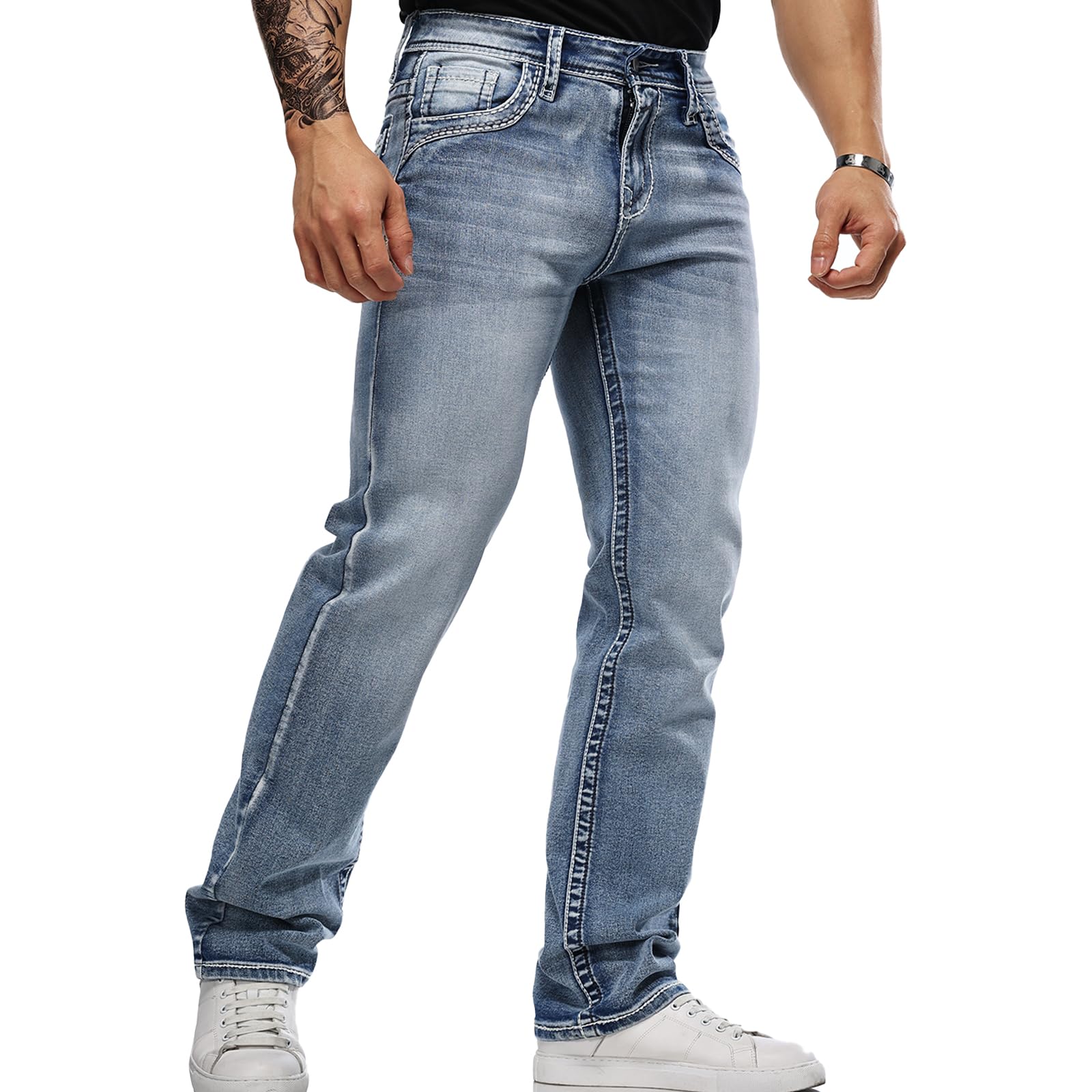 Men's Jeans - Embroidery Washed Crackle Design Jeans Relaxed Fit Stretch Casual Jeans Comfortable Classic Fit Jeans