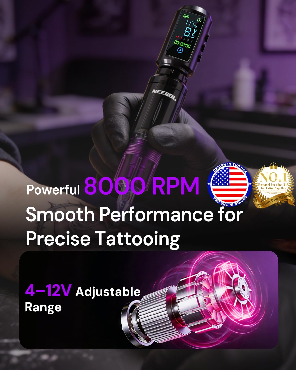 Neebol Wireless Tattoo Machine Kit 2 Batteries Purple