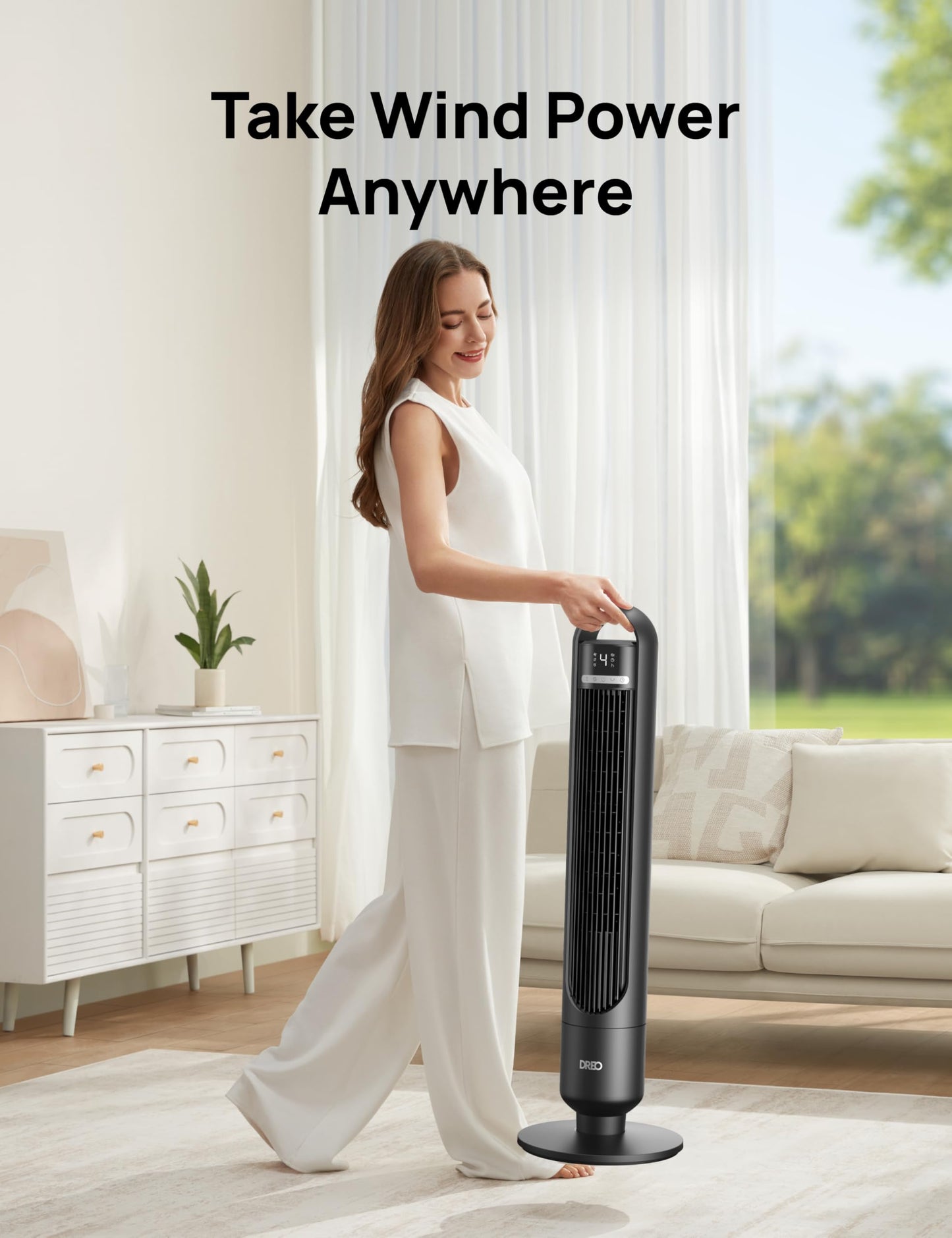 DREO Tower Fan for Bedroom, 90° Oscillating Standing Fans for Room with 4 Speeds, 3 Modes, 28dB Quiet for Sleep, 25ft/s Velocity, 8H Timer, Remote, Living Room, Office, Home, TF117